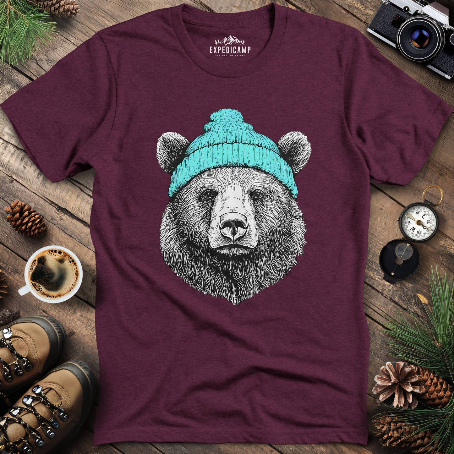 Cozy Winter Bear T-Shirt – Heather Maroon – Outdoor apparel for travel, hiking, camping, and nature lovers – ExpediCamp