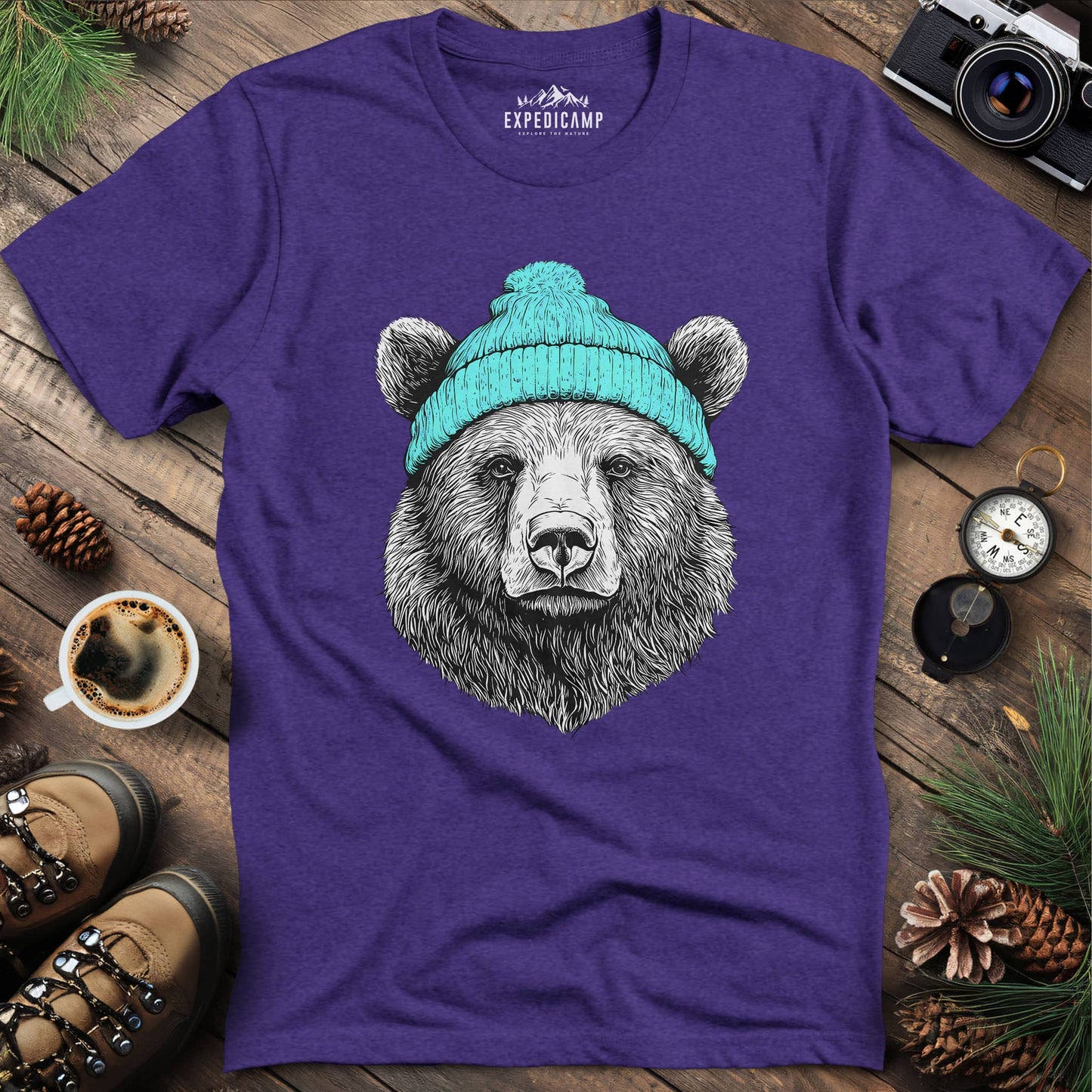 Cozy Winter Bear T-Shirt – Heather Purple – Outdoor apparel for travel, hiking, camping, and nature lovers – ExpediCamp
