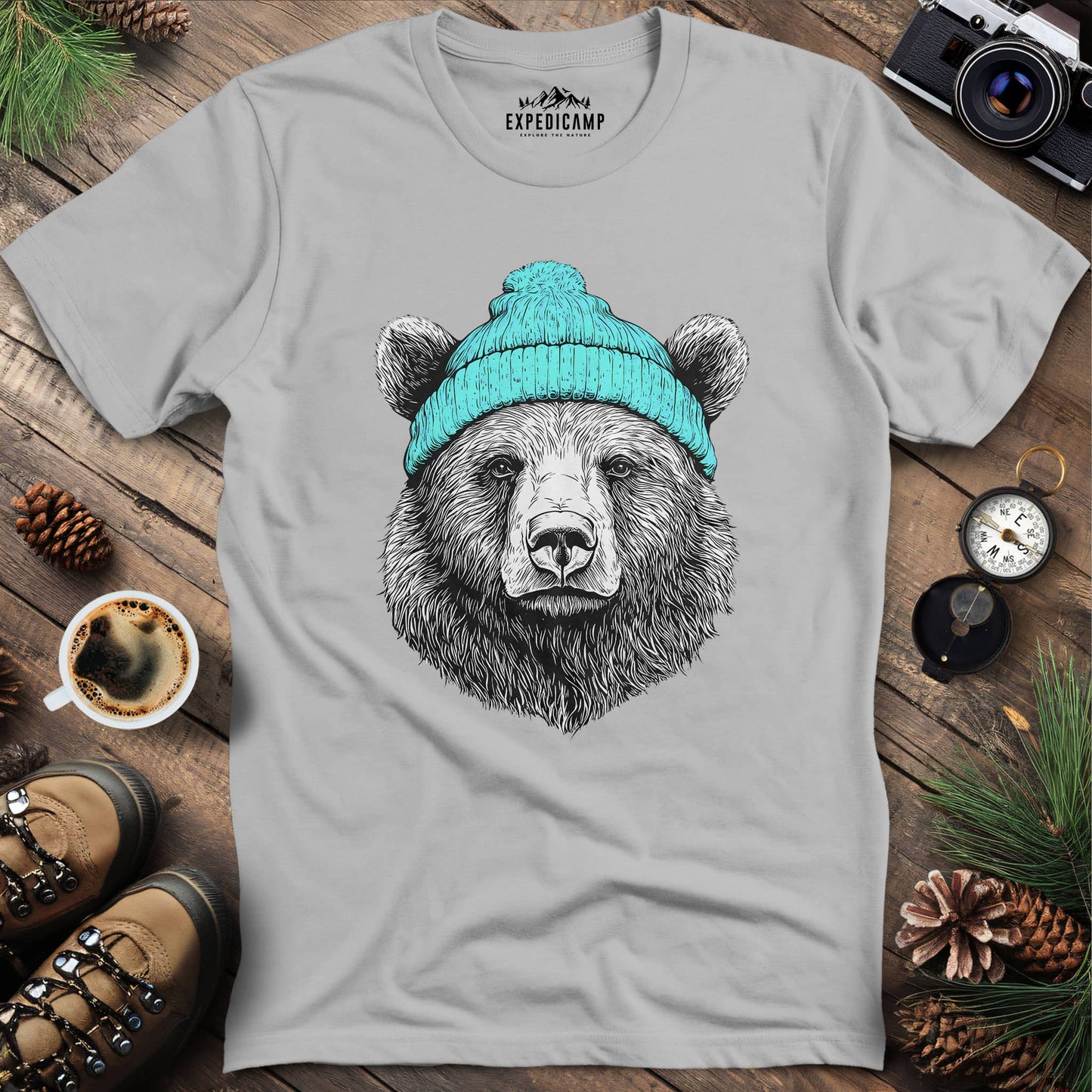 Cozy Winter Bear T-Shirt – Ice Grey – Outdoor apparel for travel, hiking, camping, and nature lovers – ExpediCamp