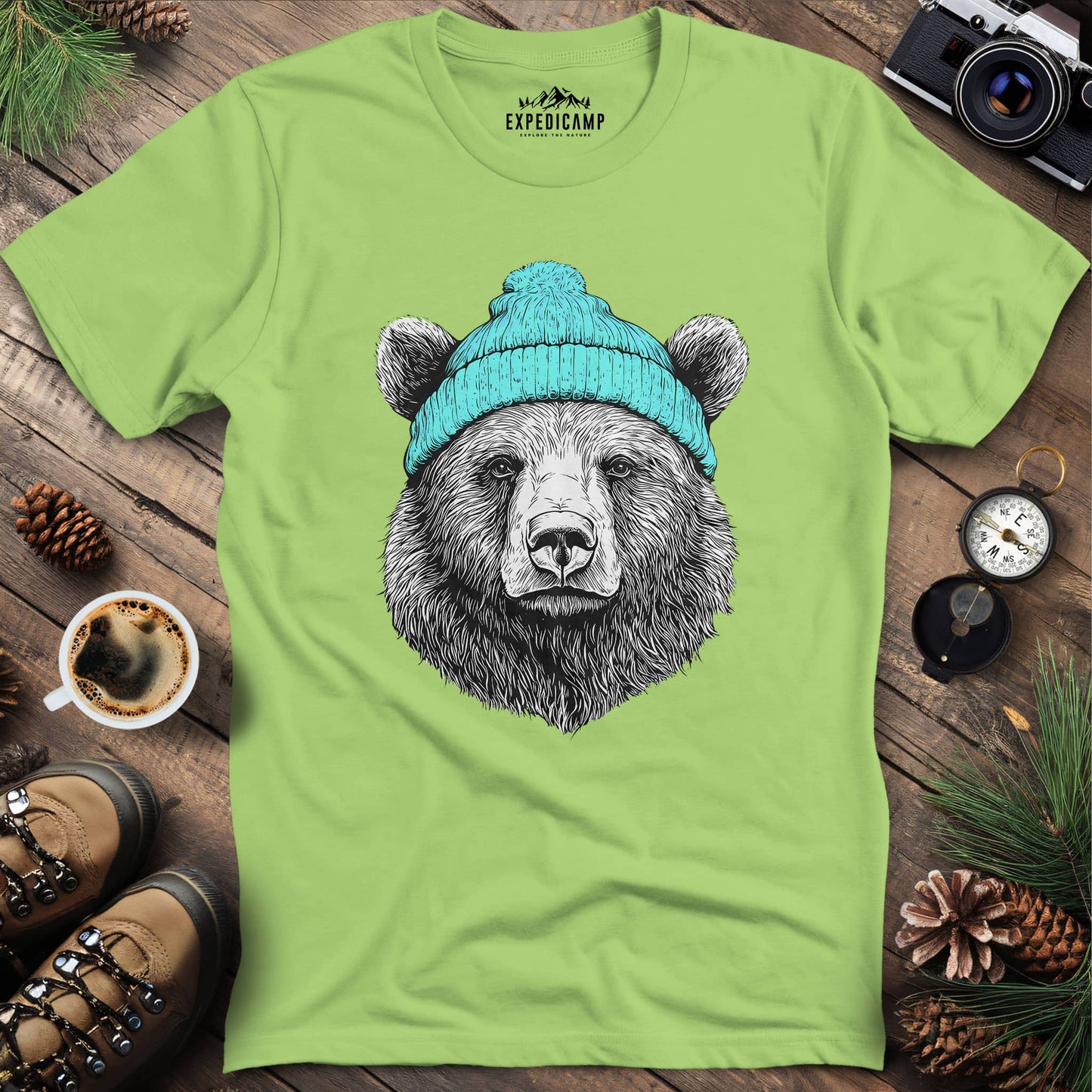 Cozy Winter Bear T-Shirt – Kiwi – Outdoor apparel for travel, hiking, camping, and nature lovers – ExpediCamp