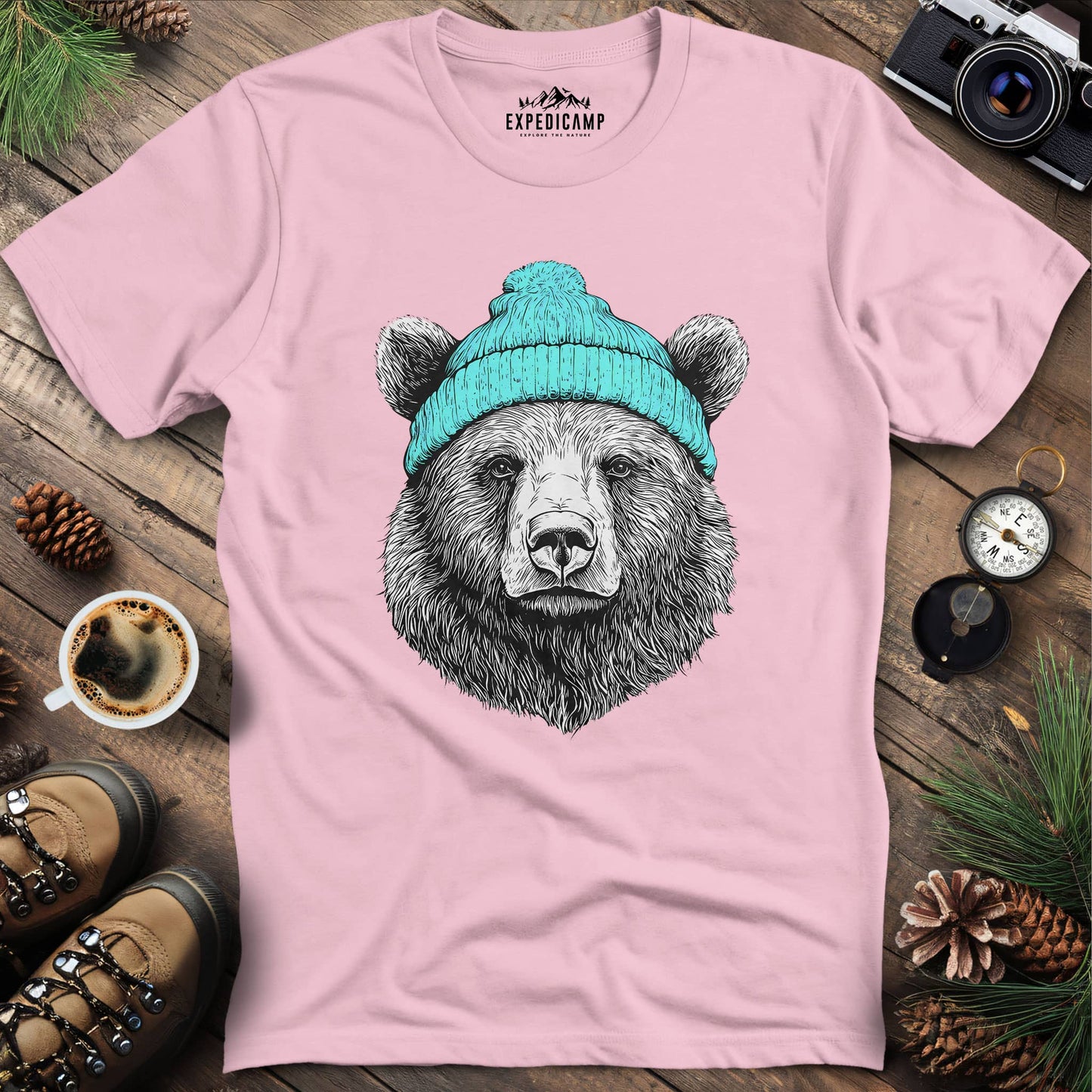 Cozy Winter Bear T-Shirt – Light Pink – Outdoor apparel for travel, hiking, camping, and nature lovers – ExpediCamp