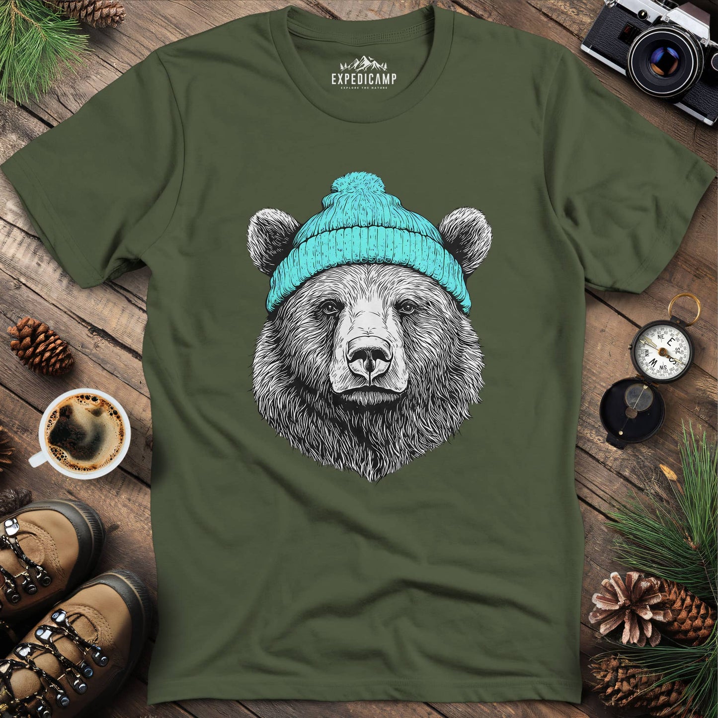 Cozy Winter Bear T-Shirt – Military Green – Outdoor apparel for travel, hiking, camping, and nature lovers – ExpediCamp