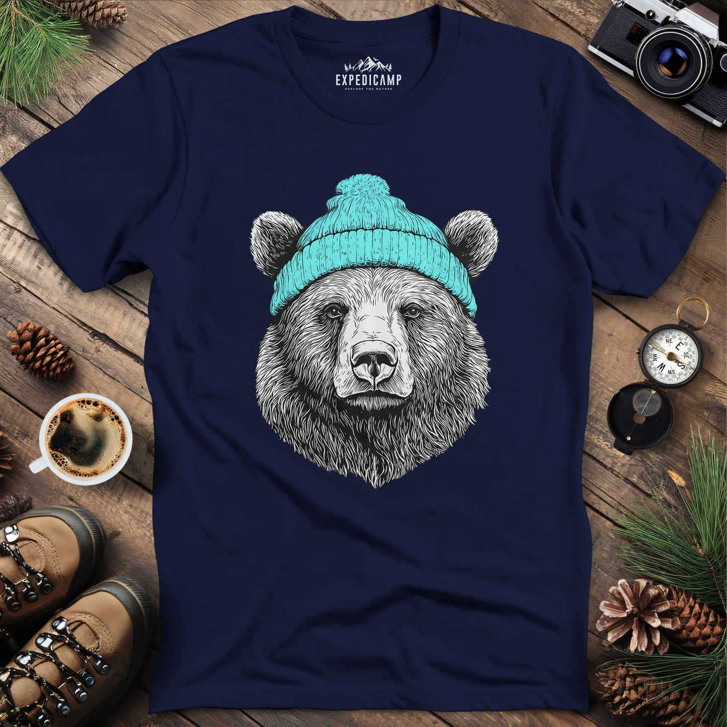 Cozy Winter Bear T-Shirt – Navy – Outdoor apparel for travel, hiking, camping, and nature lovers – ExpediCamp