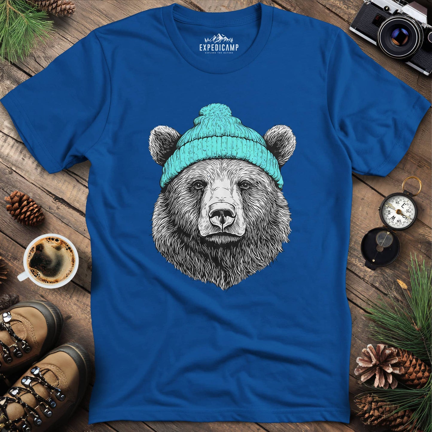 Cozy Winter Bear T-Shirt – Royal – Outdoor apparel for travel, hiking, camping, and nature lovers – ExpediCamp