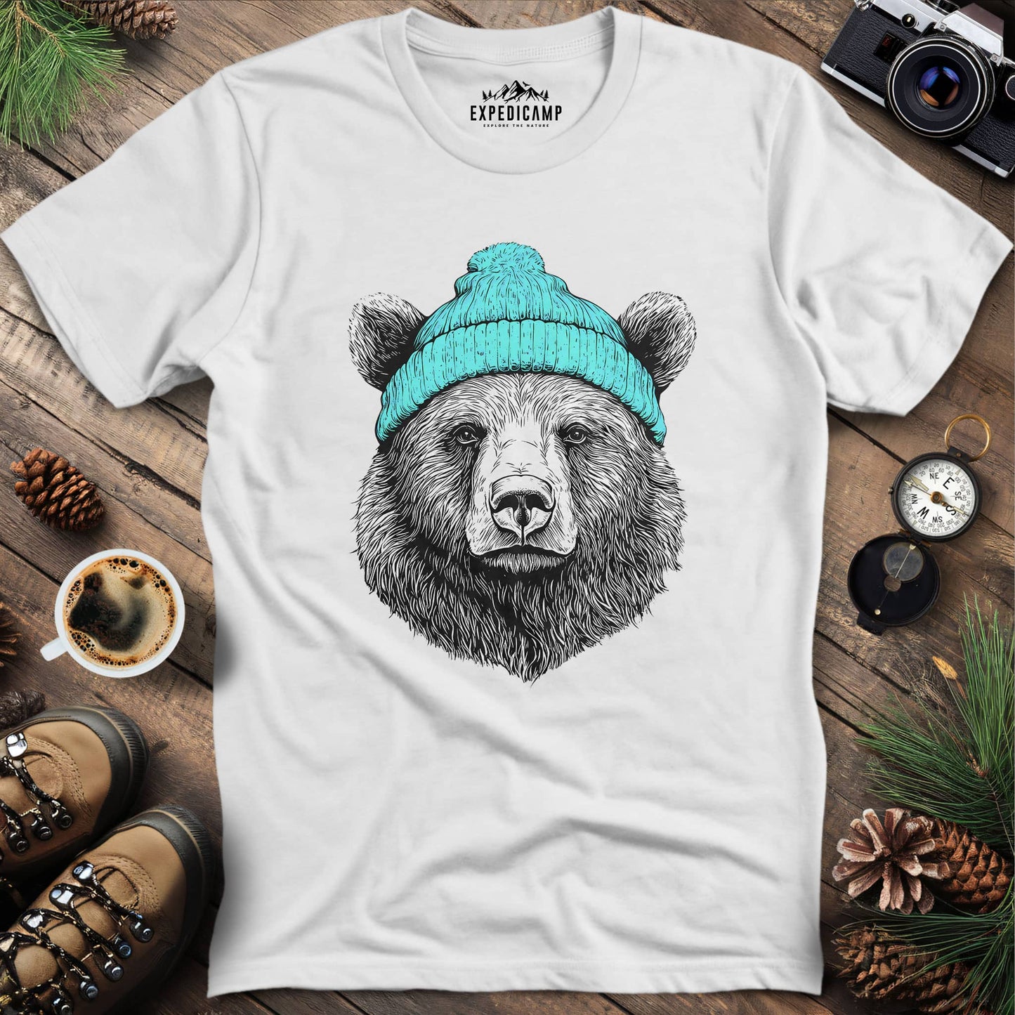 Cozy Winter Bear T-Shirt – White – Outdoor apparel for travel, hiking, camping, and nature lovers – ExpediCamp