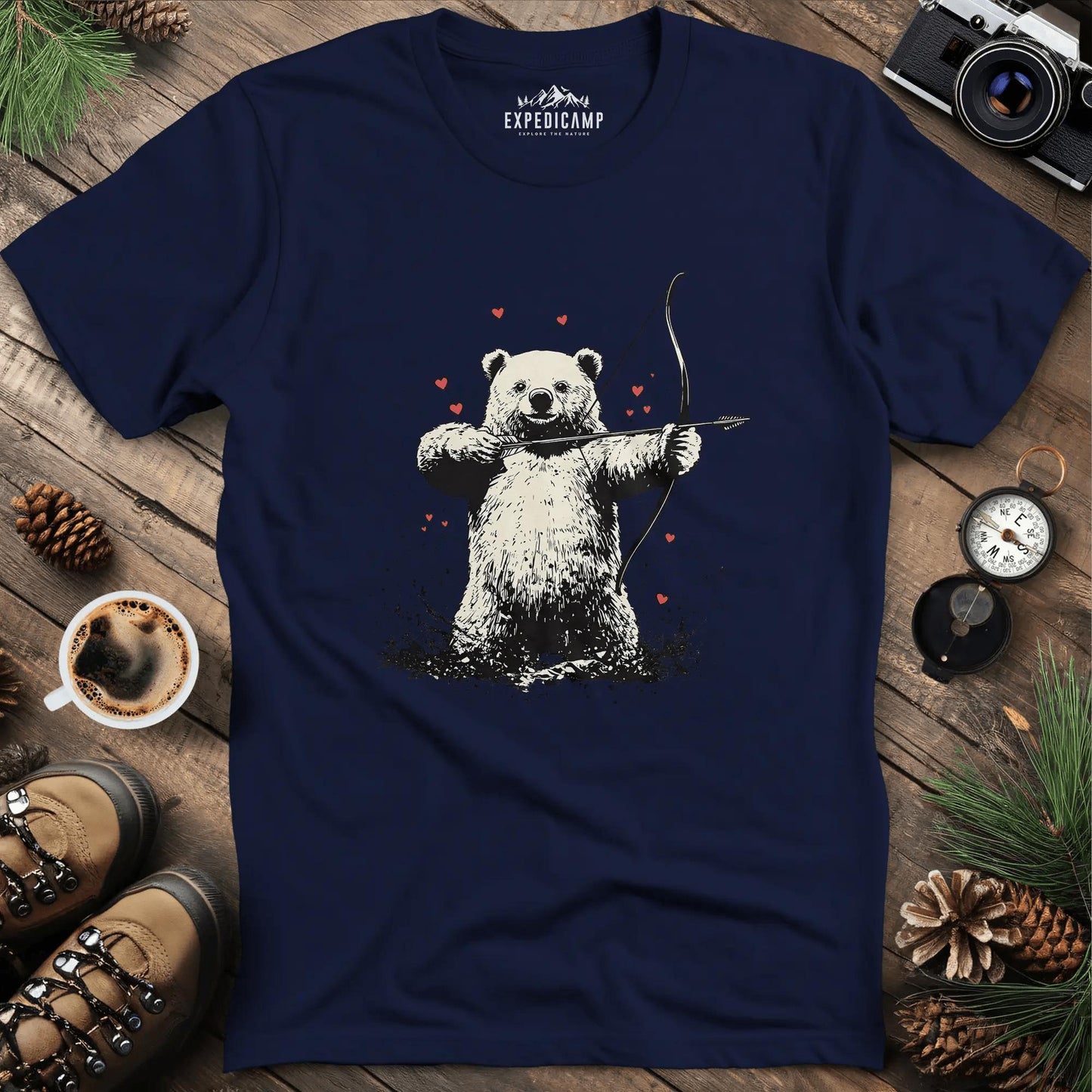 Cupid Bear Valentine T-Shirt – Navy – Outdoor apparel for travel, hiking, camping, and nature lovers – ExpediCamp