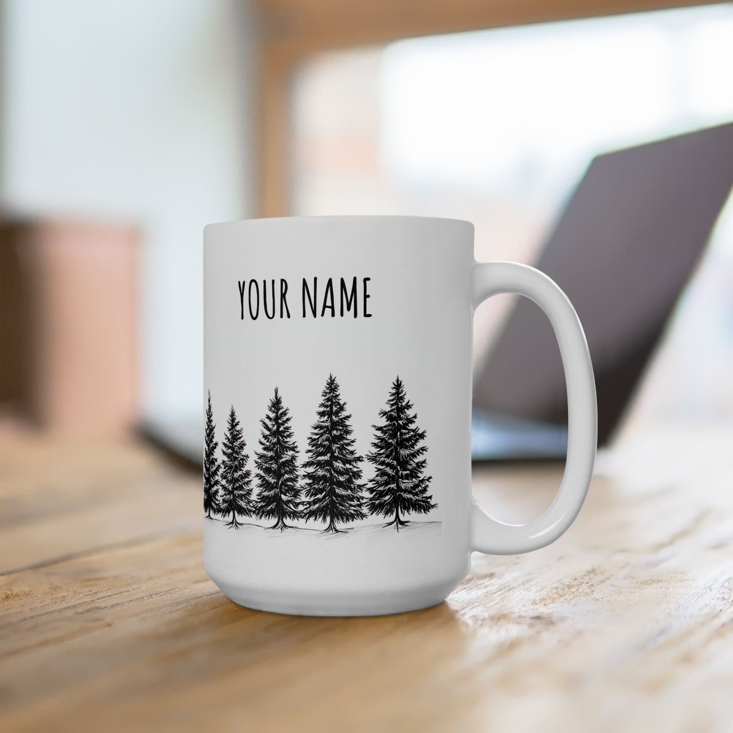 Customizable Forest Mug – Personalized Tree Design – 15oz – Outdoor apparel for travel, hiking, camping, and nature lovers – ExpediCamp