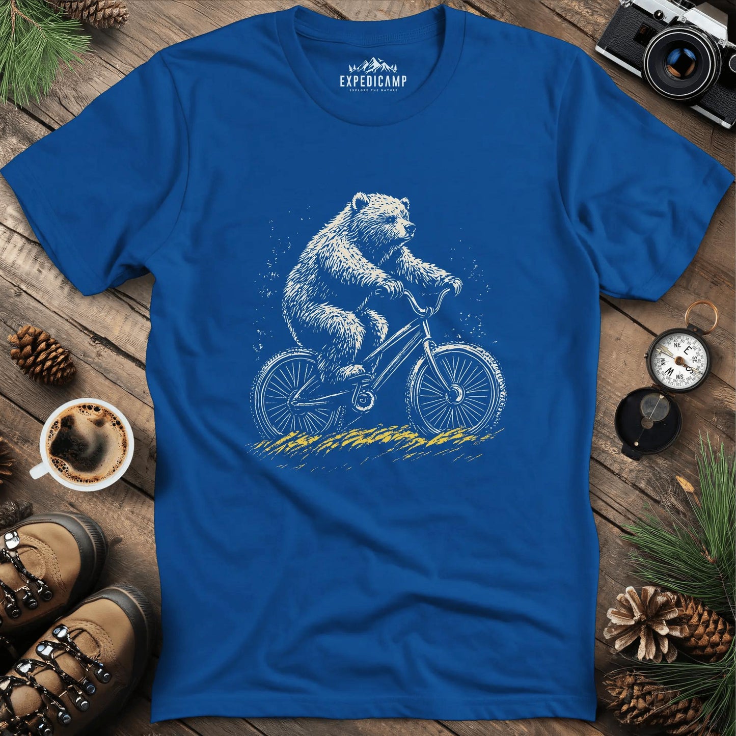 Cycling Bear Adventure T-Shirt – Royal – Outdoor apparel for travel, hiking, camping, and nature lovers – ExpediCamp