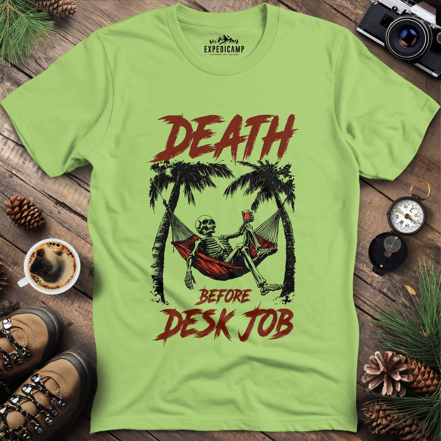 Death Before Desk Job T-Shirt – Kiwi – Outdoor apparel for travel, hiking, camping, and nature lovers – ExpediCamp
