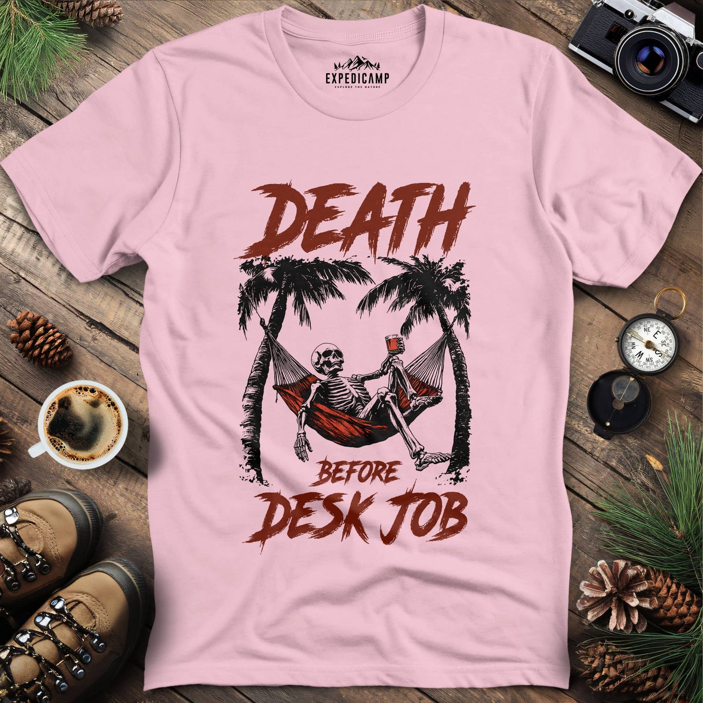 Death Before Desk Job T-Shirt – Light Pink – Outdoor apparel for travel, hiking, camping, and nature lovers – ExpediCamp