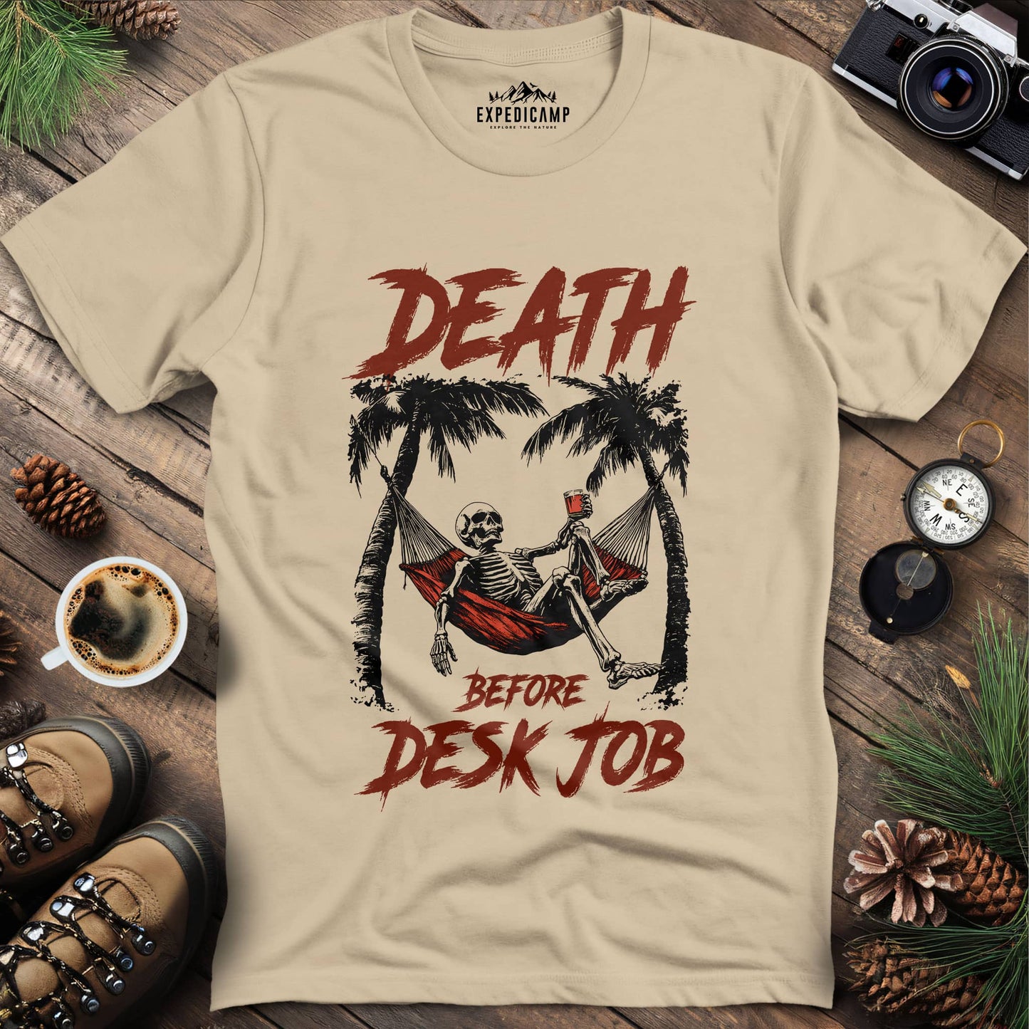 Death Before Desk Job T-Shirt – Sand – Outdoor apparel for travel, hiking, camping, and nature lovers – ExpediCamp