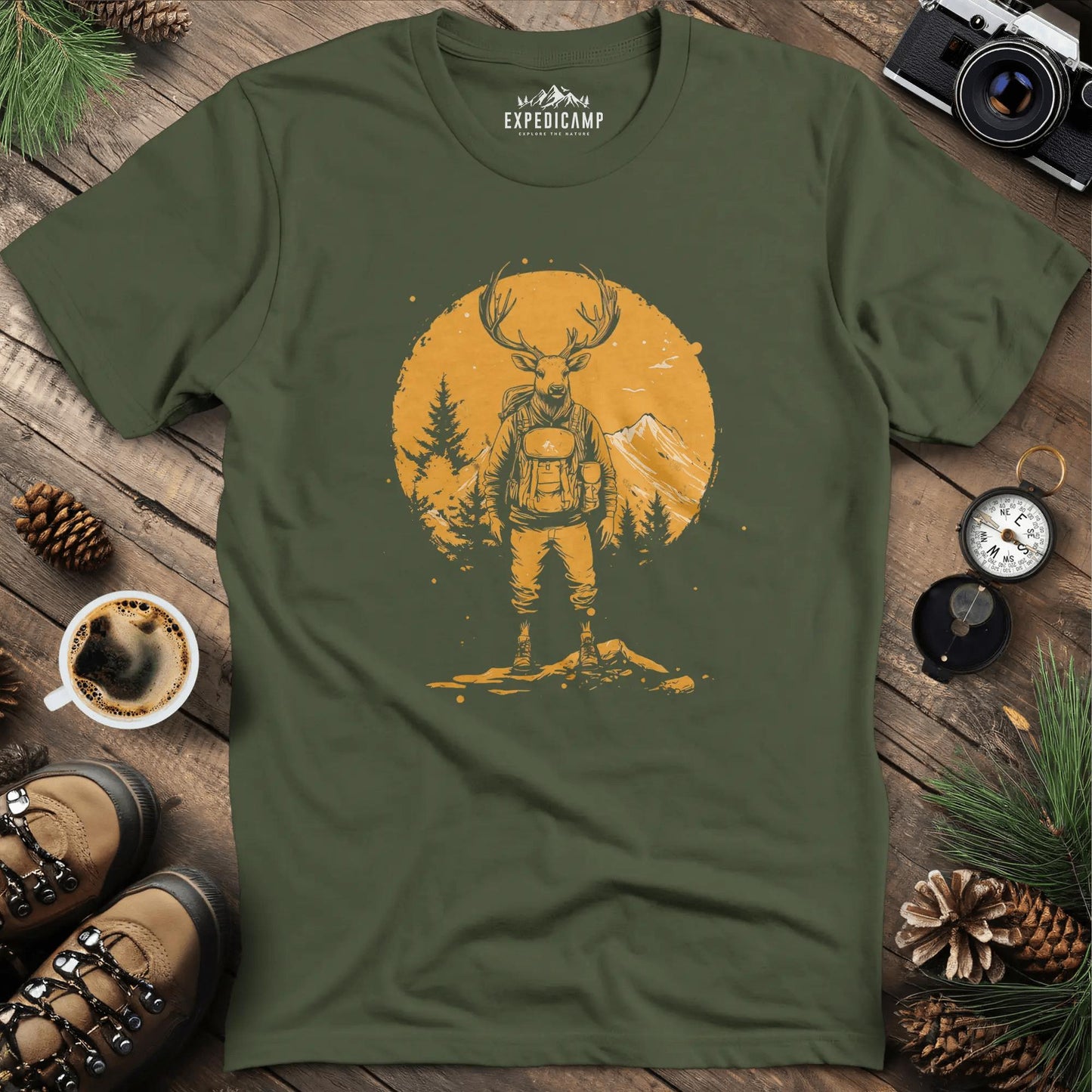 Deer Hiker T-Shirt – Graceful Adventurer – Military Green – Outdoor apparel for travel, hiking, camping, and nature lovers – ExpediCamp
