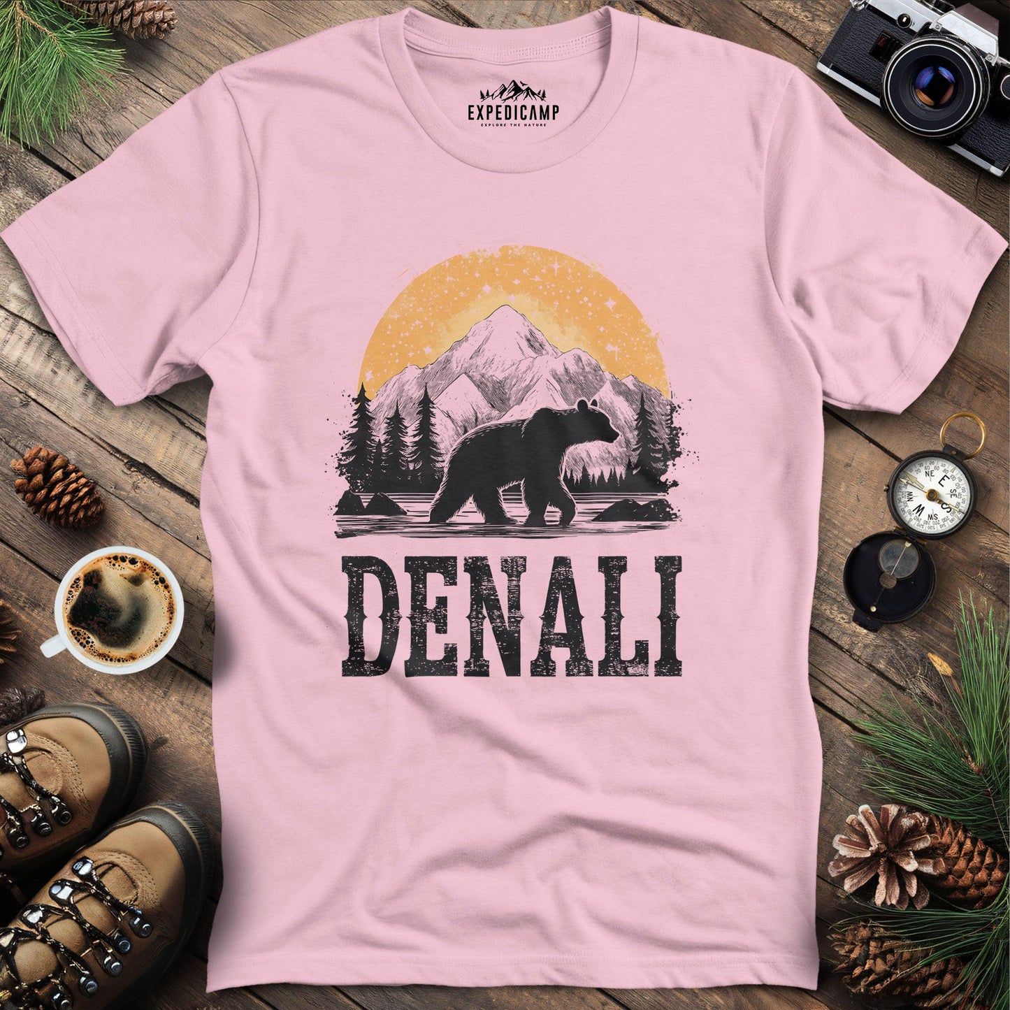 Denali Alaska Bear T-Shirt – Light Pink – Outdoor apparel for travel, hiking, camping, and nature lovers – ExpediCamp