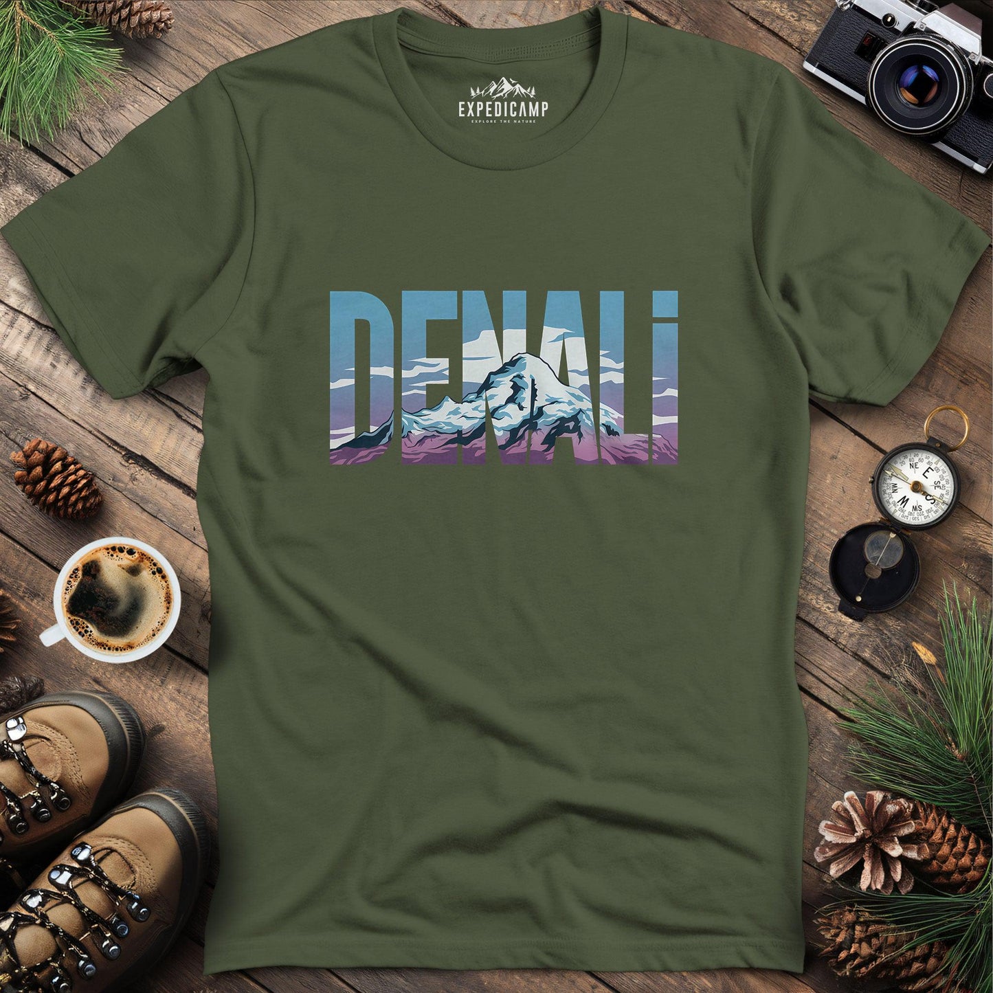 Denali Mountain T-Shirt – Military Green – Outdoor apparel for travel, hiking, camping, and nature lovers – ExpediCamp