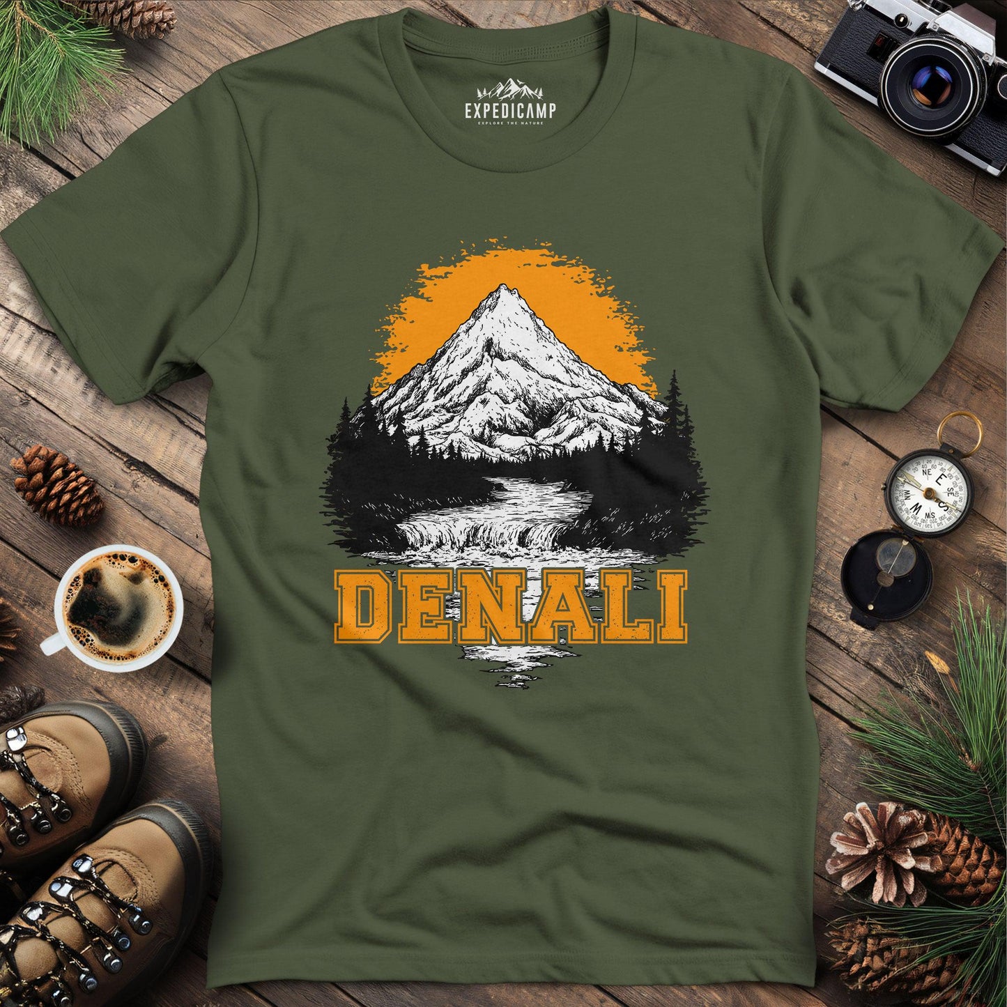 Denali National Park Alaska T-Shirt – Military Green – Outdoor apparel for travel, hiking, camping, and nature lovers – ExpediCamp