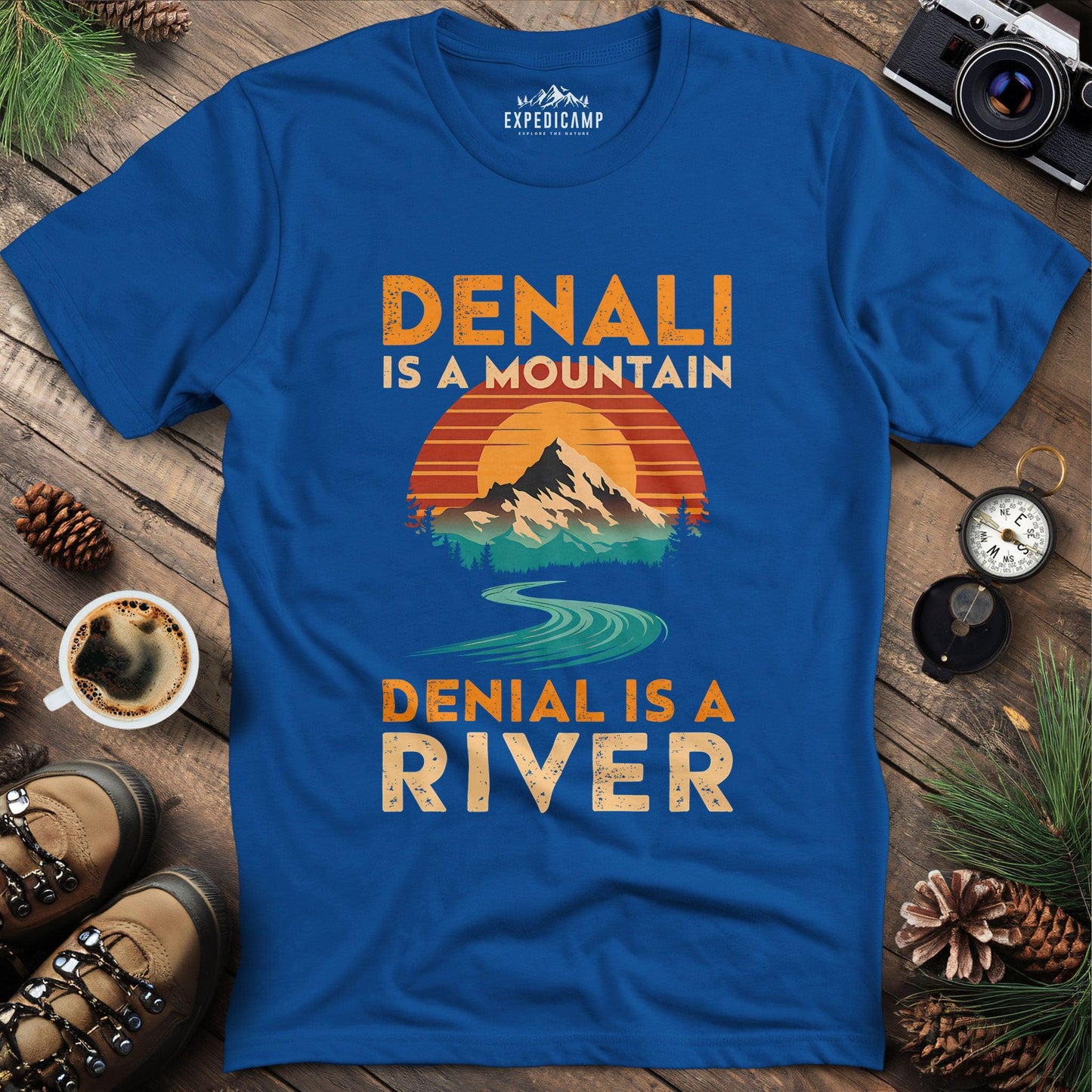 Denali vs Denial T-Shirt – Royal – Outdoor apparel for travel, hiking, camping, and nature lovers – ExpediCamp