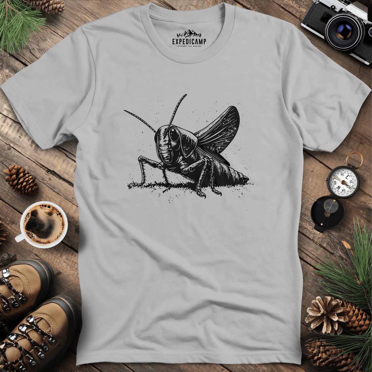 Detailed Grasshopper Illustration T-Shirt – Ice Grey – Outdoor apparel for travel, hiking, camping, and nature lovers – ExpediCamp