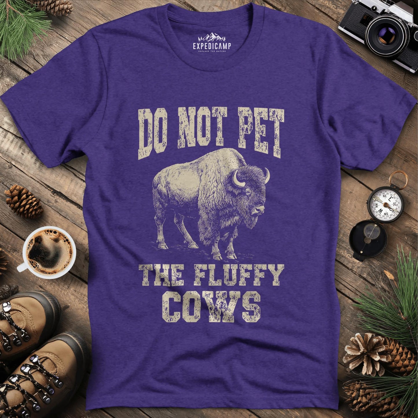 Do Not Pet The Fluffy Cows T-Shirt – Heather Purple – Outdoor apparel for travel, hiking, camping, and nature lovers – ExpediCamp