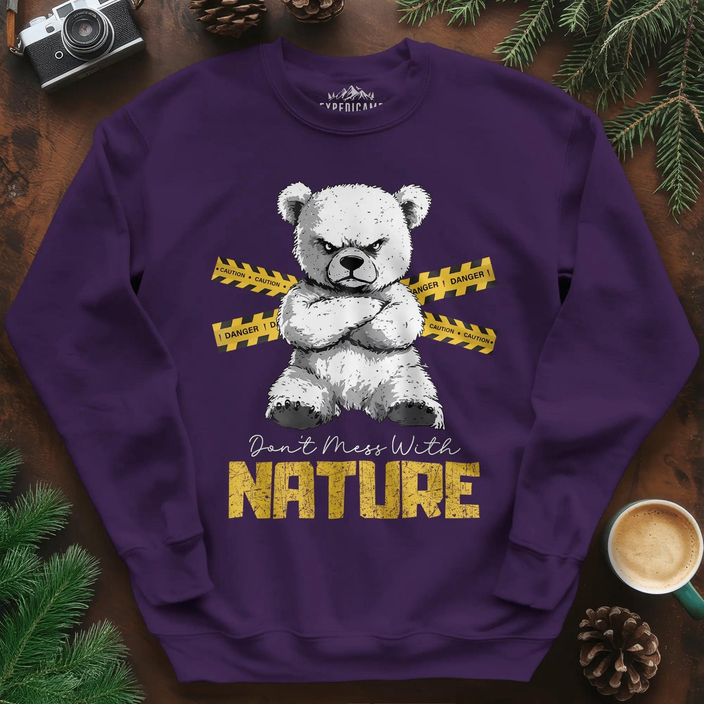 Don’t Mess With Nature (Caution) Sweatshirt – Purple – Outdoor apparel for travel, hiking, camping, and nature lovers – ExpediCamp