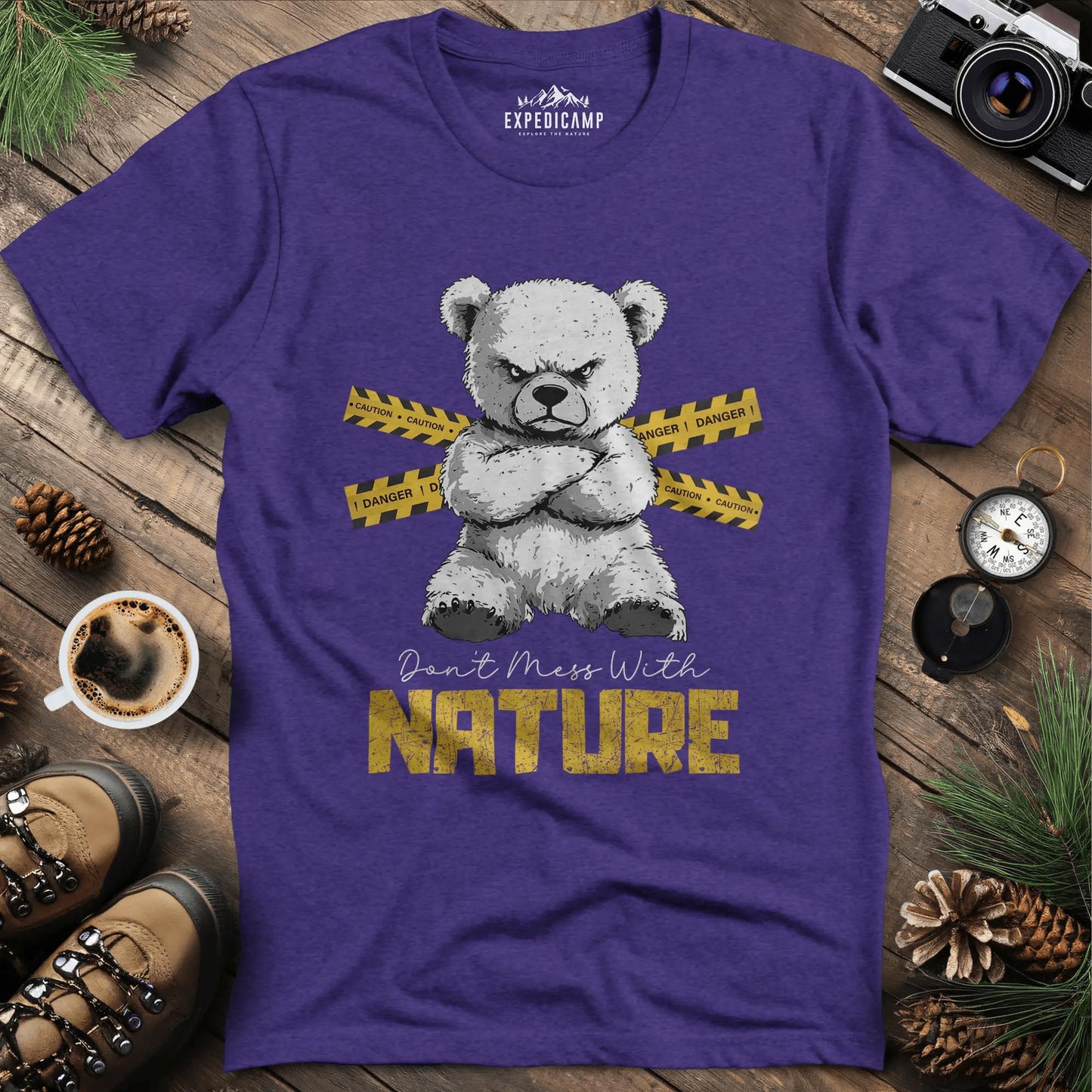 Don’t Mess With Nature (Caution) T-Shirt – Heather Purple – Outdoor apparel for travel, hiking, camping, and nature lovers – ExpediCamp