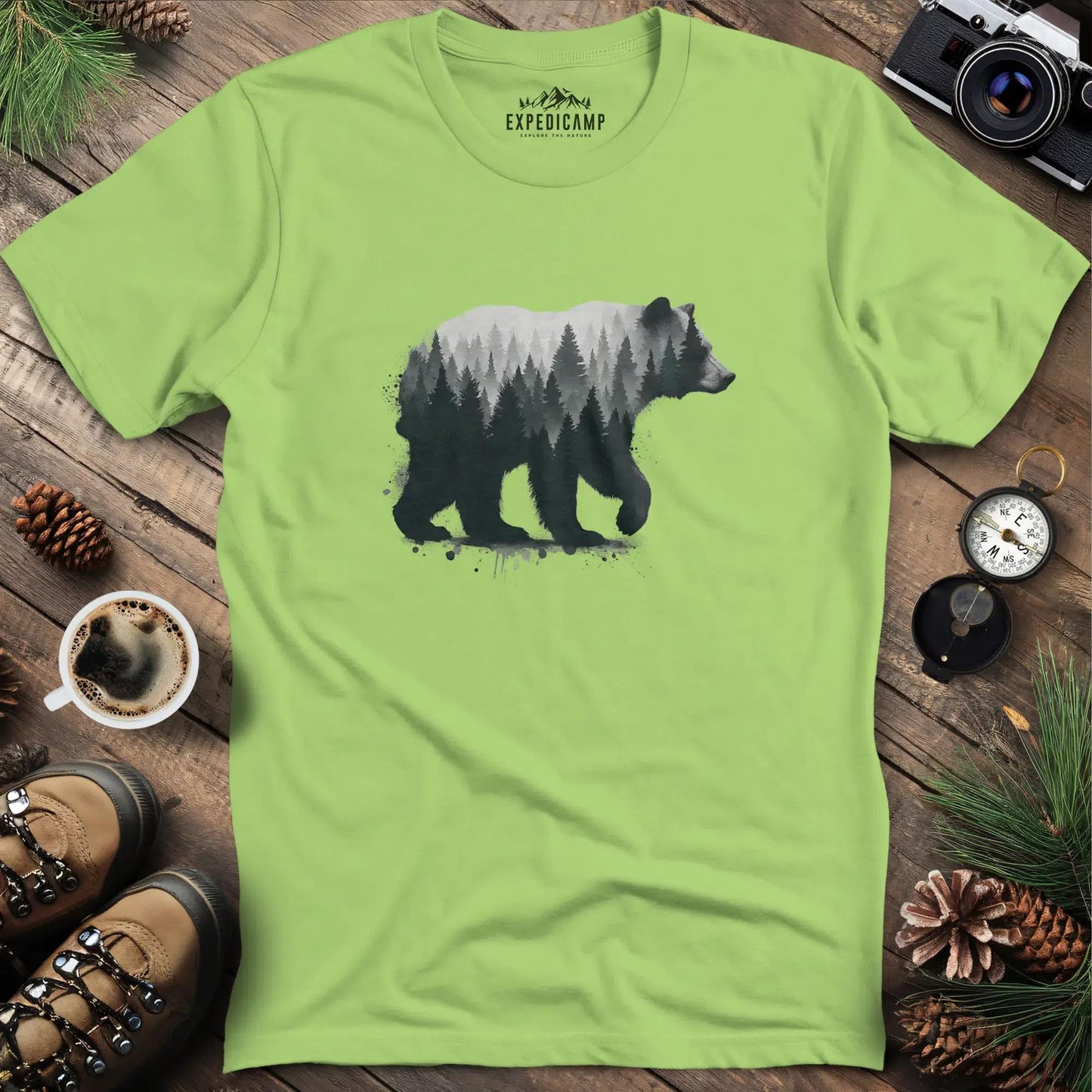 Double Exposure Bear Forest T-Shirt – Kiwi – Outdoor apparel for travel, hiking, camping, and nature lovers – ExpediCamp
