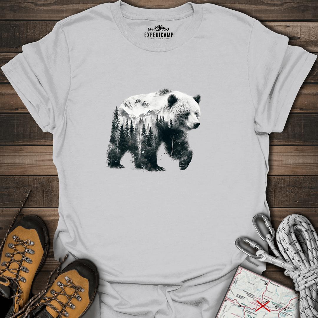Double Exposure Bear T-Shirt – Ice Grey – Outdoor apparel for travel, hiking, camping, and nature lovers – ExpediCamp