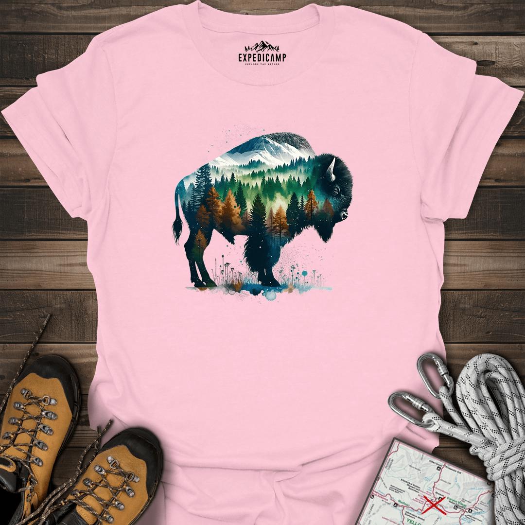 Double Exposure Bison Forest T-Shirt – Light Pink – Outdoor apparel for travel, hiking, camping, and nature lovers – ExpediCamp