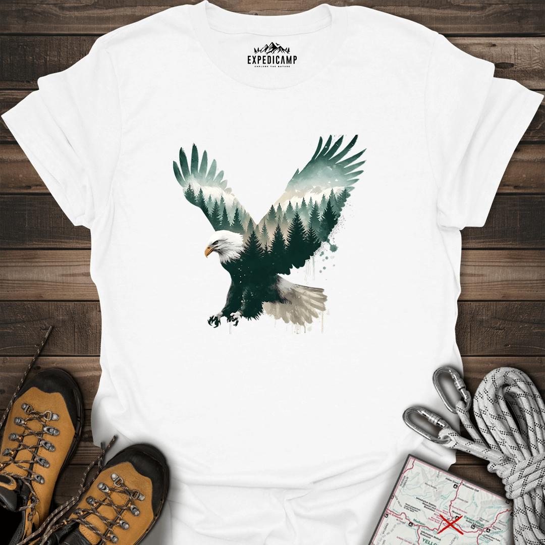 Double Exposure Eagle Forest T-Shirt – White – Outdoor apparel for travel, hiking, camping, and nature lovers – ExpediCamp
