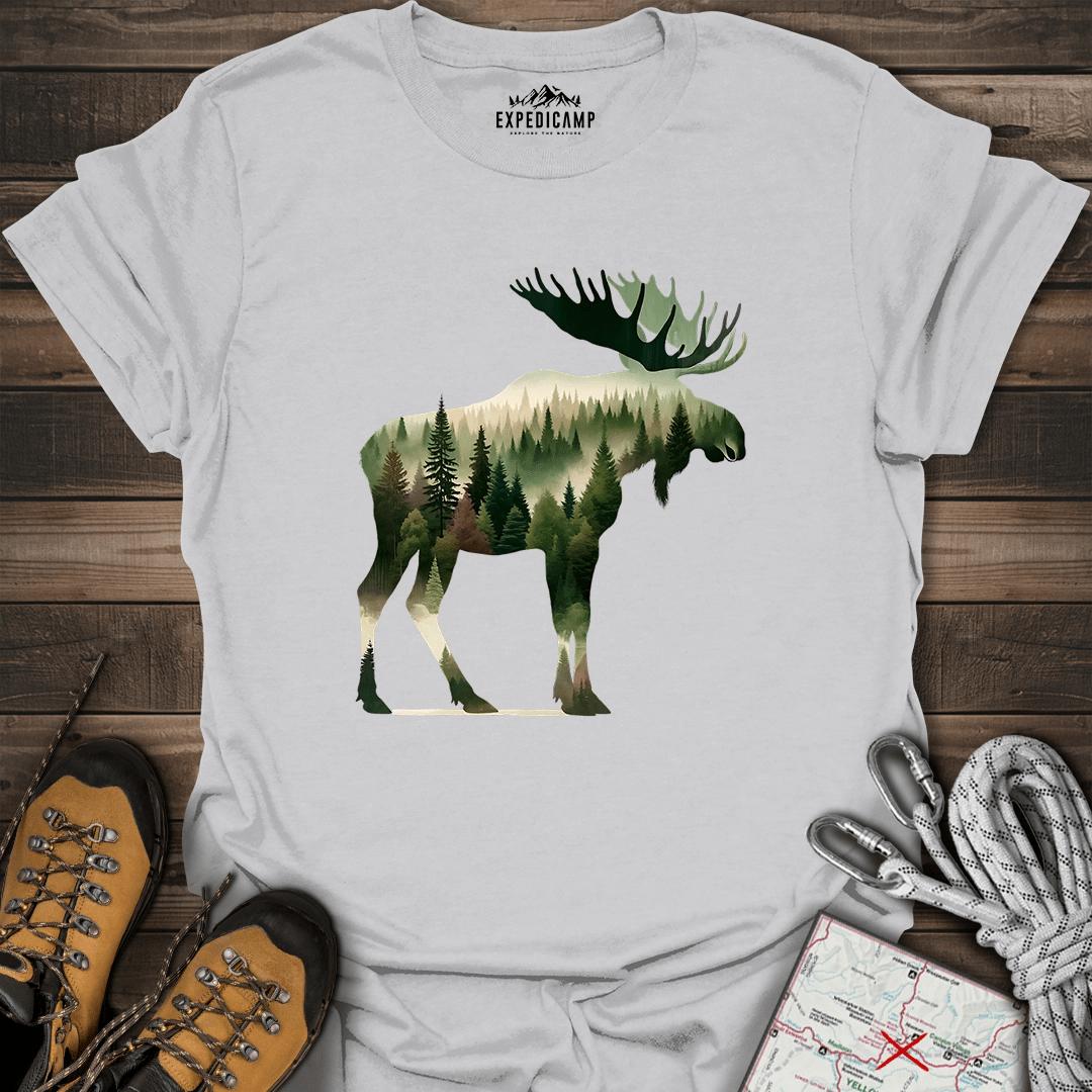 Double Exposure Moose Forest T-Shirt – Ice Grey – Outdoor apparel for travel, hiking, camping, and nature lovers – ExpediCamp