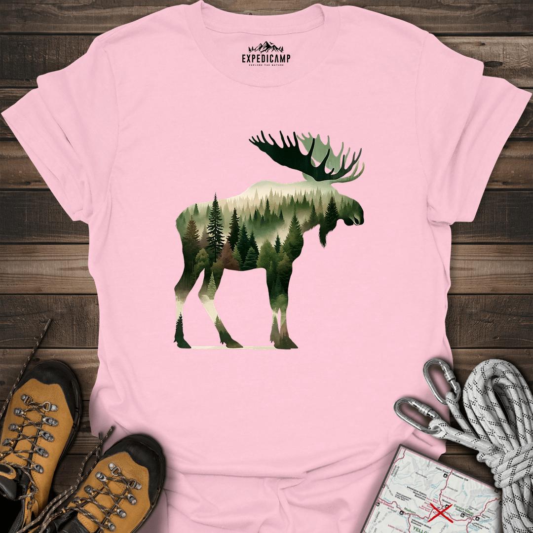 Double Exposure Moose Forest T-Shirt – Light Pink – Outdoor apparel for travel, hiking, camping, and nature lovers – ExpediCamp