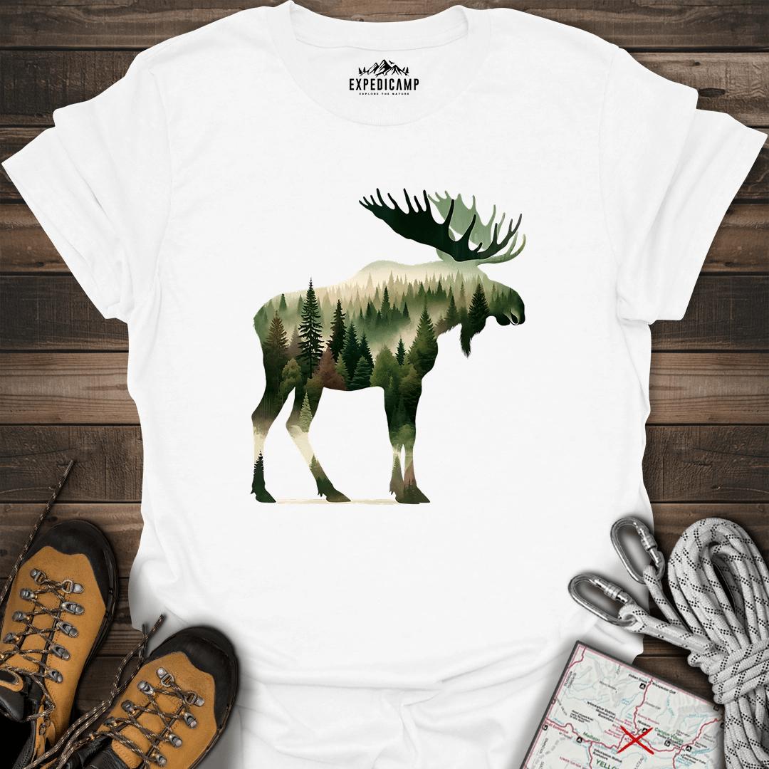 Double Exposure Moose Forest T-Shirt – White – Outdoor apparel for travel, hiking, camping, and nature lovers – ExpediCamp
