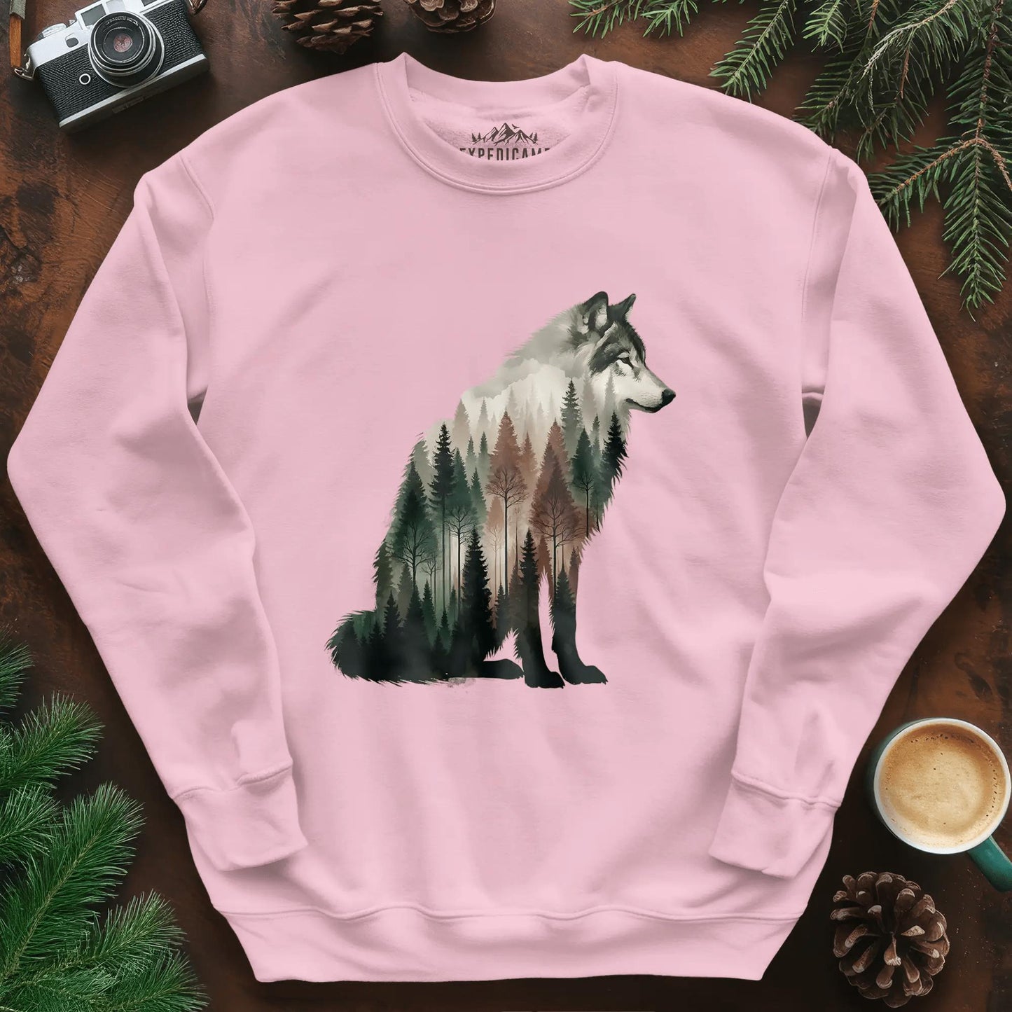 Double Exposure Wolf Sweatshirt – Light Pink – Outdoor apparel for travel, hiking, camping, and nature lovers – ExpediCamp