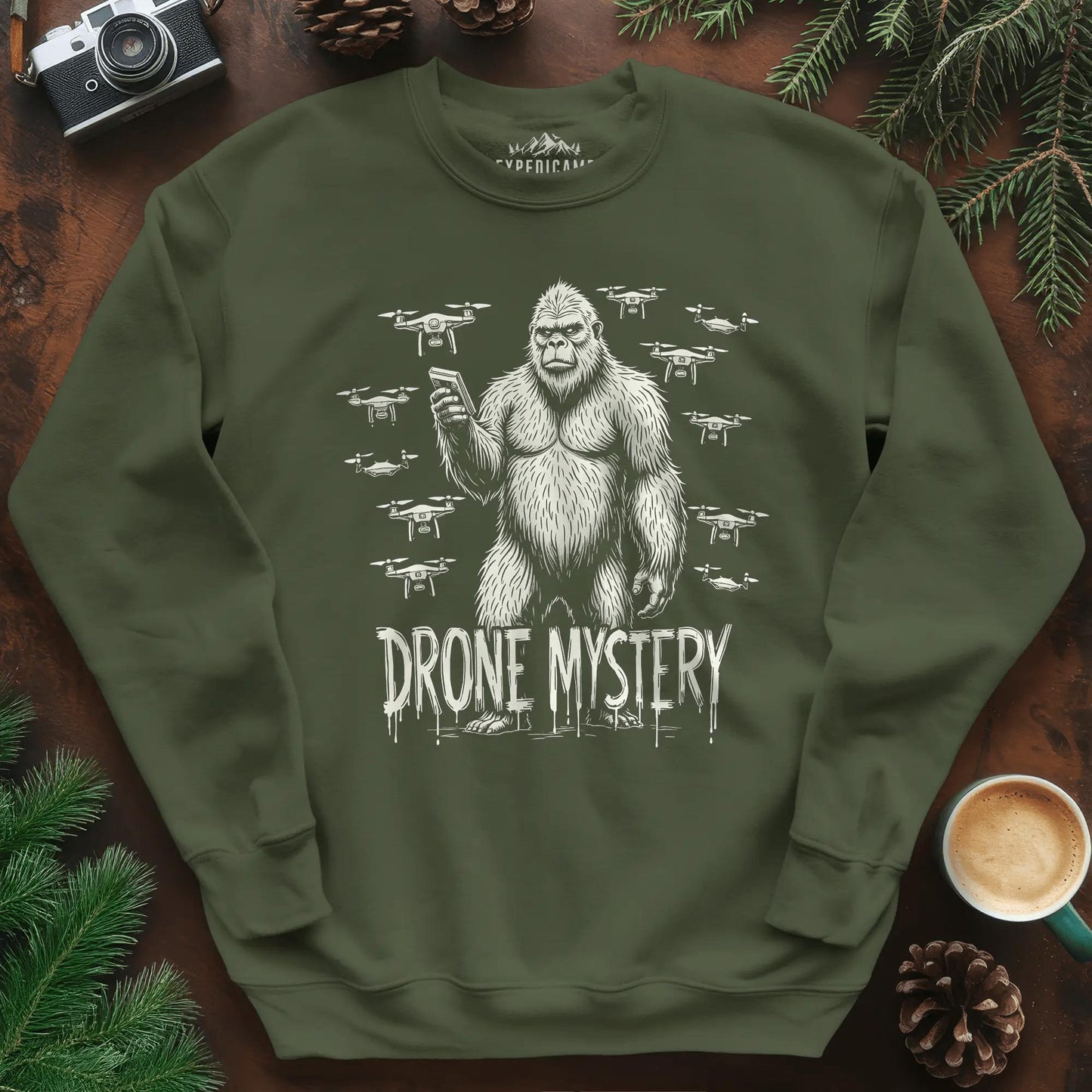 Drone Mystery New Jersey Bigfoot USA Sweatshirt – Military Green – Outdoor apparel for travel, hiking, camping, and nature lovers – ExpediCamp