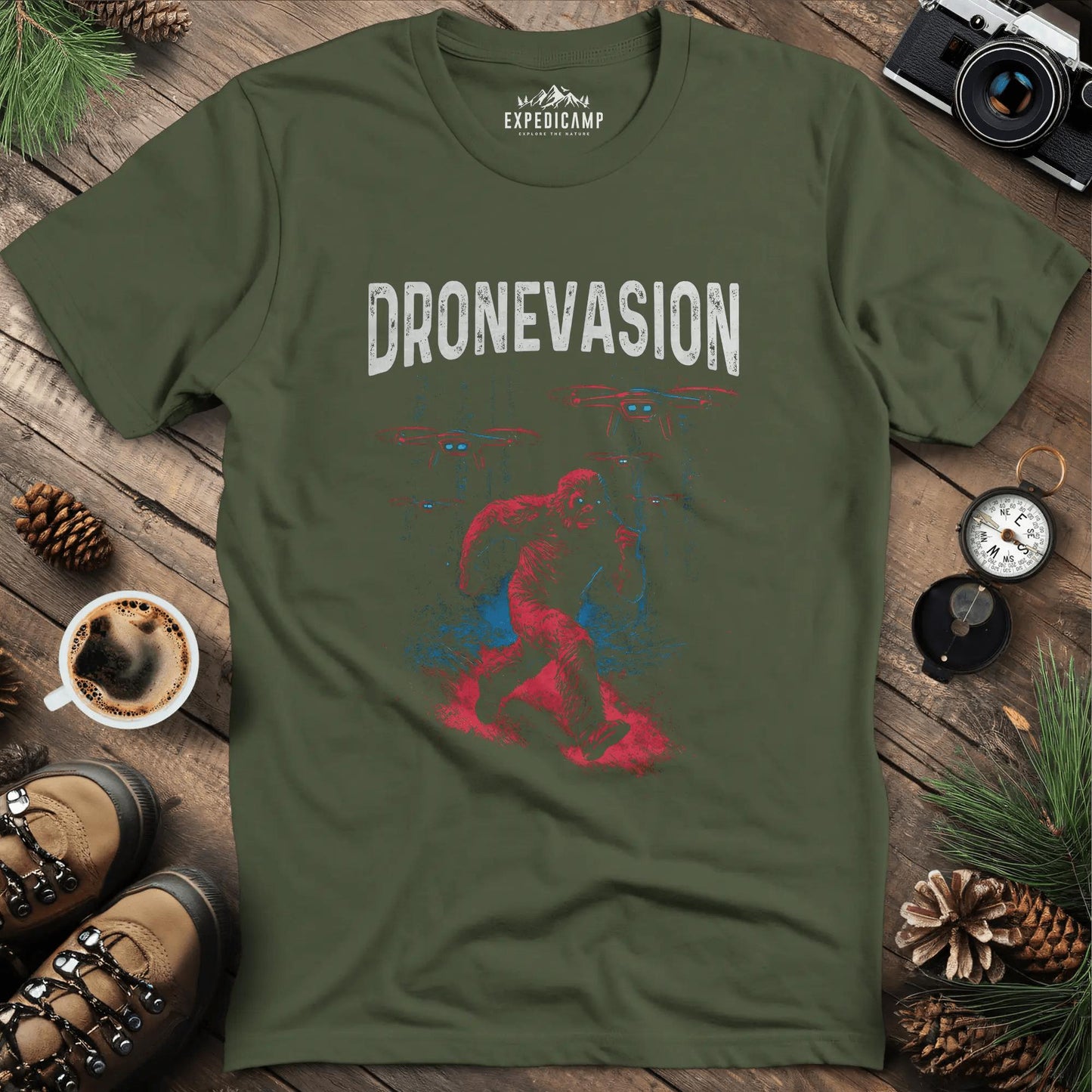 Dronevasion T-Shirt – Military Green – Outdoor apparel for travel, hiking, camping, and nature lovers – ExpediCamp