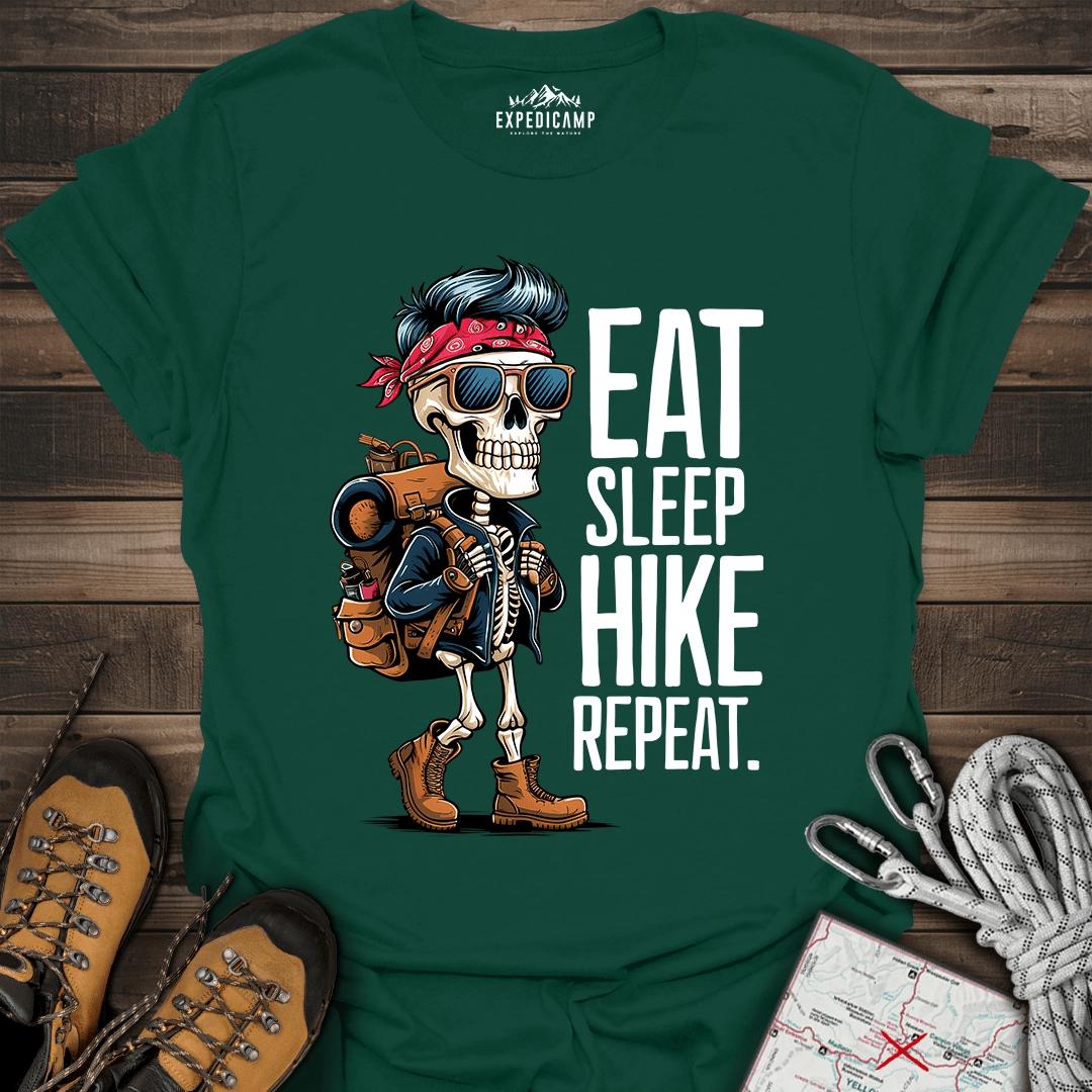 Eat Sleep Hike Repeat Skeleton T-Shirt – Forest Green – Outdoor apparel for travel, hiking, camping, and nature lovers – ExpediCamp