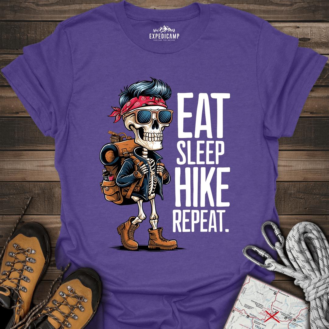 Eat Sleep Hike Repeat Skeleton T-Shirt – Heather Purple – Outdoor apparel for travel, hiking, camping, and nature lovers – ExpediCamp