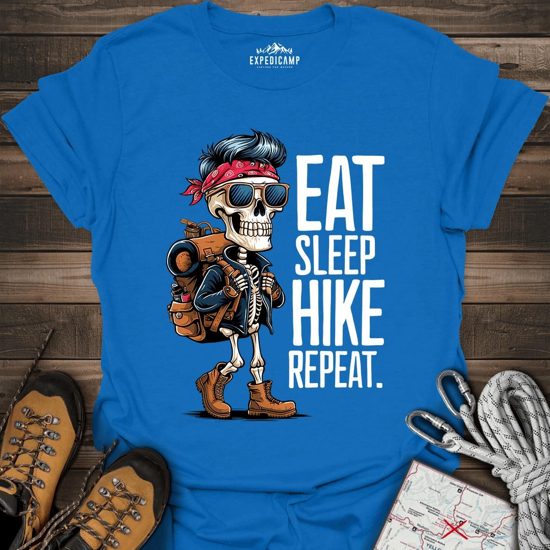 Eat Sleep Hike Repeat Skeleton T-Shirt – Royal – Outdoor apparel for travel, hiking, camping, and nature lovers – ExpediCamp