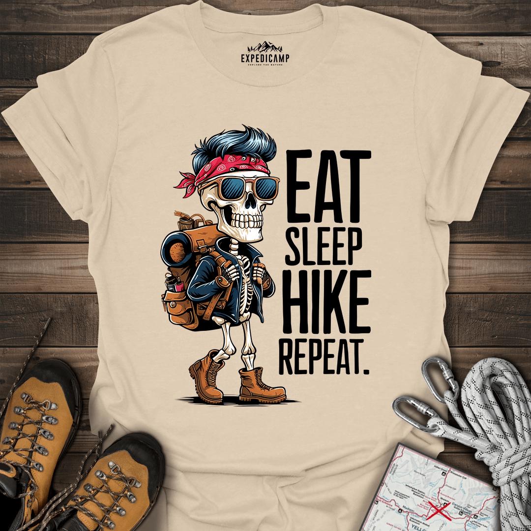 Eat Sleep Hike Repeat Skeleton T-Shirt – Sand – Outdoor apparel for travel, hiking, camping, and nature lovers – ExpediCamp