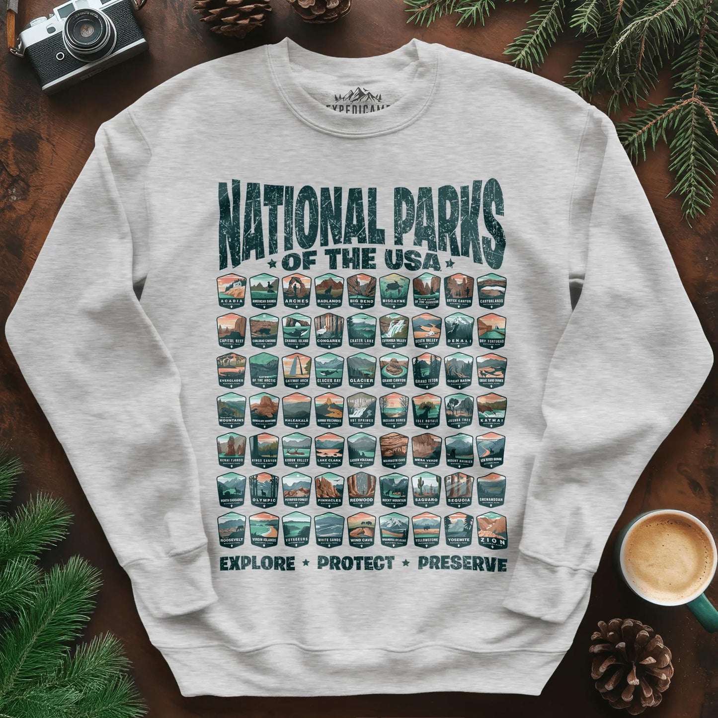 Explore All 63 National Parks of the USA Sweatshirt – Ash – Outdoor apparel for travel, hiking, camping, and nature lovers – ExpediCamp