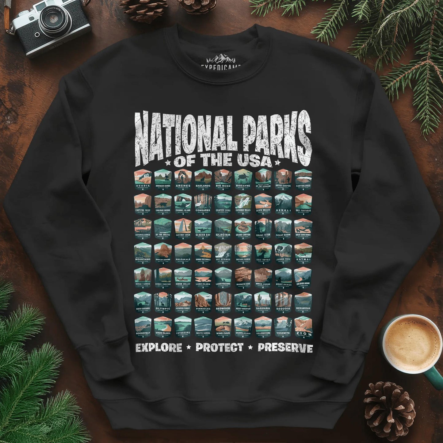 Explore All 63 National Parks of the USA Sweatshirt – Black – Outdoor apparel for travel, hiking, camping, and nature lovers – ExpediCamp