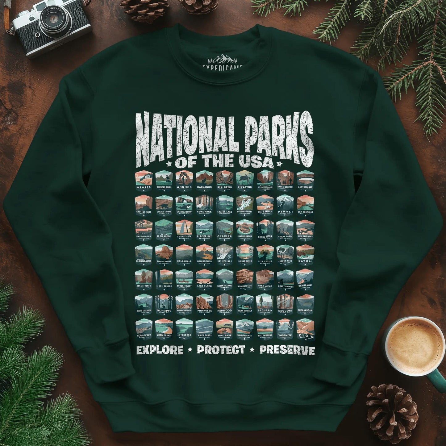 Explore All 63 National Parks of the USA Sweatshirt – Forest Green – Outdoor apparel for travel, hiking, camping, and nature lovers – ExpediCamp