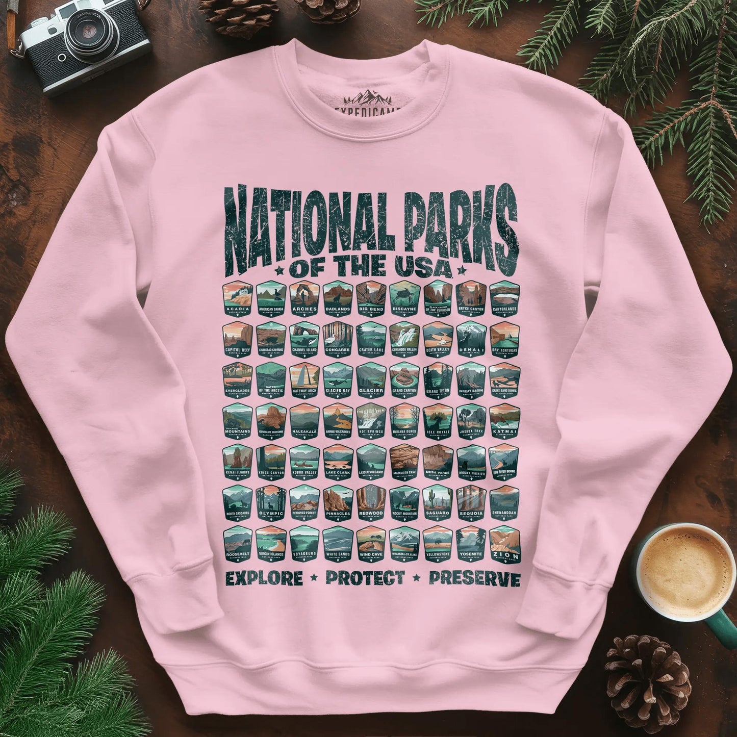 Explore All 63 National Parks of the USA Sweatshirt – Light Pink – Outdoor apparel for travel, hiking, camping, and nature lovers – ExpediCamp