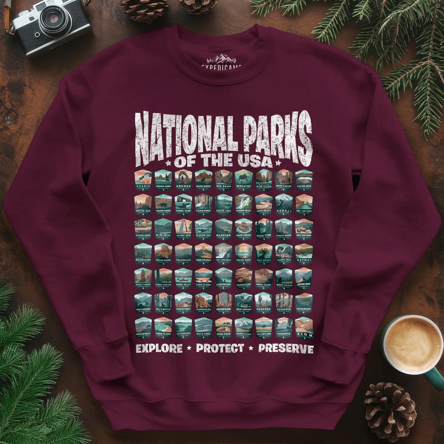 Explore All 63 National Parks of the USA Sweatshirt – Maroon – Outdoor apparel for travel, hiking, camping, and nature lovers – ExpediCamp