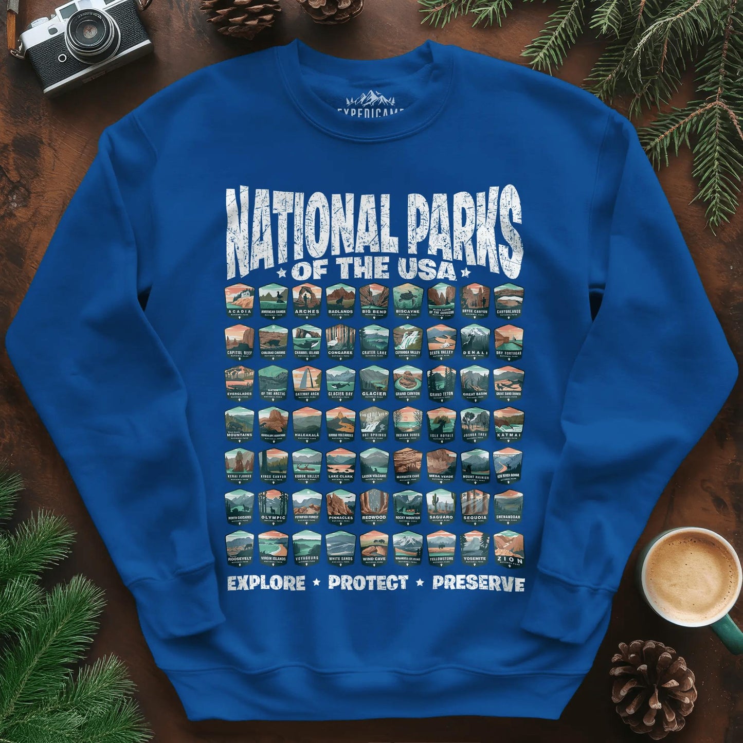 Explore All 63 National Parks of the USA Sweatshirt – Royal – Outdoor apparel for travel, hiking, camping, and nature lovers – ExpediCamp