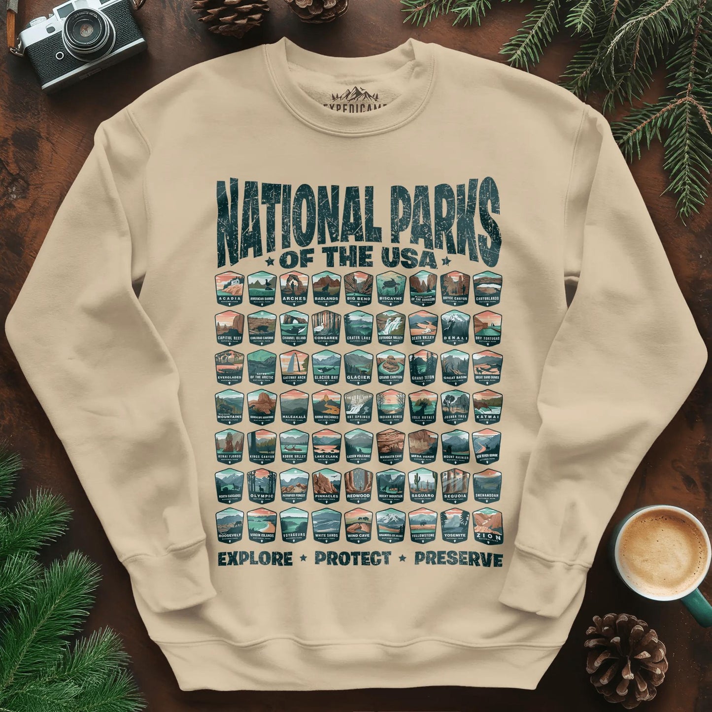Explore All 63 National Parks of the USA Sweatshirt – Sand – Outdoor apparel for travel, hiking, camping, and nature lovers – ExpediCamp