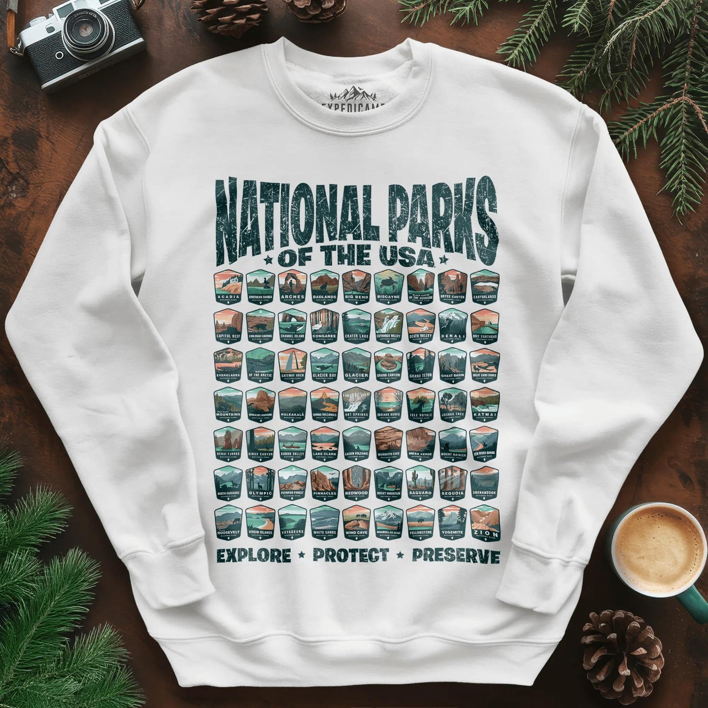 Explore All 63 National Parks of the USA Sweatshirt – White – Outdoor apparel for travel, hiking, camping, and nature lovers – ExpediCamp