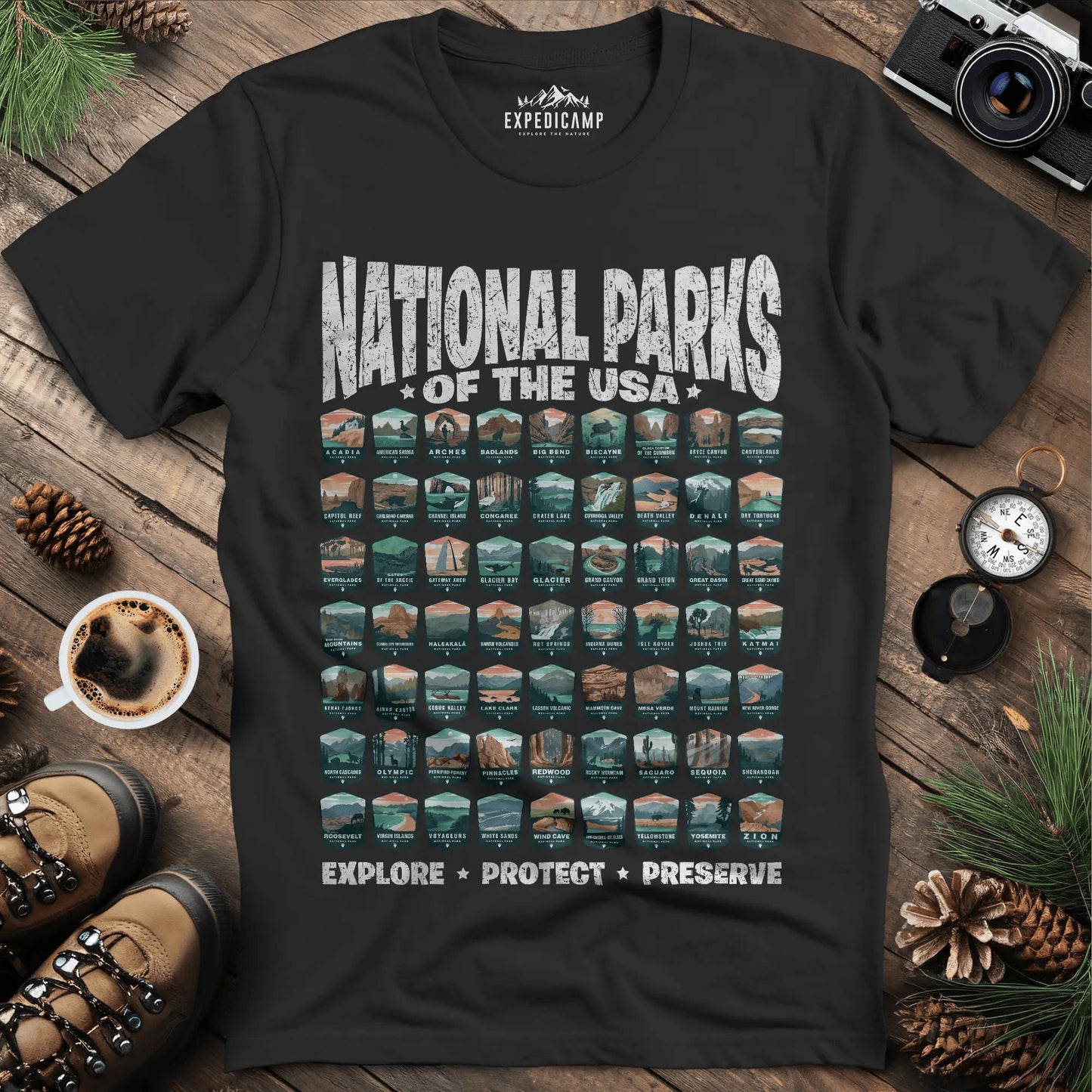 Explore All 63 National Parks of the USA T-Shirt – Black – Outdoor apparel for travel, hiking, camping, and nature lovers – ExpediCamp