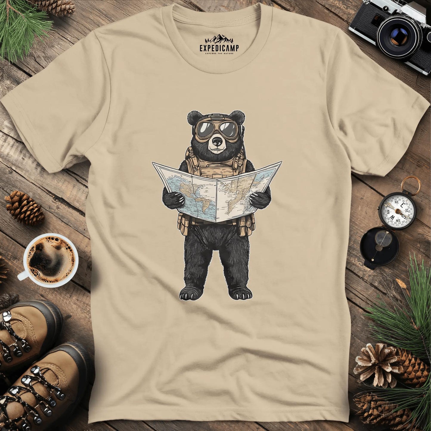 Explorer Bear with Map T-Shirt – Sand – Outdoor apparel for travel, hiking, camping, and nature lovers – ExpediCamp