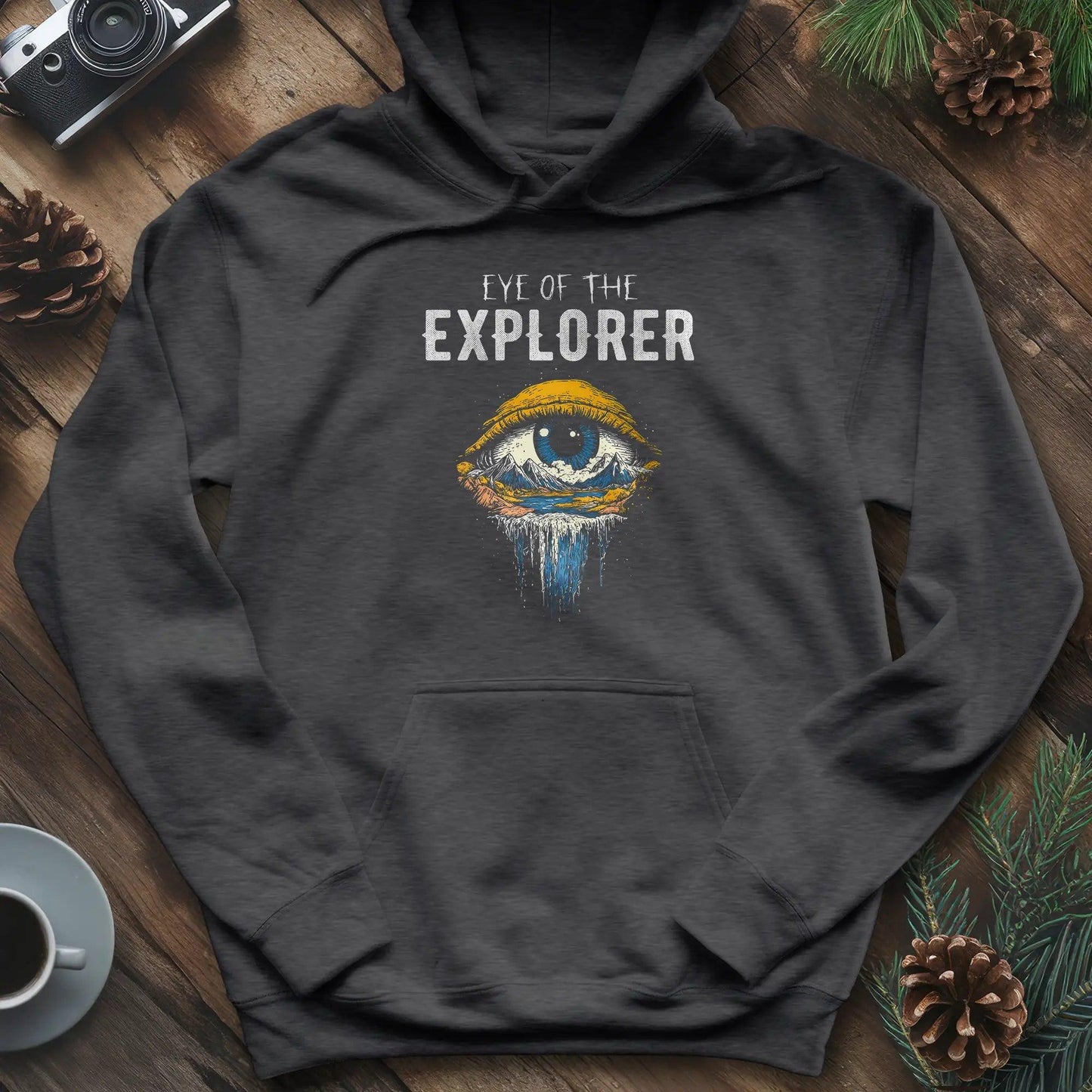 Eye of the Explorer Hoodie – Dark Heather – Outdoor apparel for travel, hiking, camping, and nature lovers – ExpediCamp