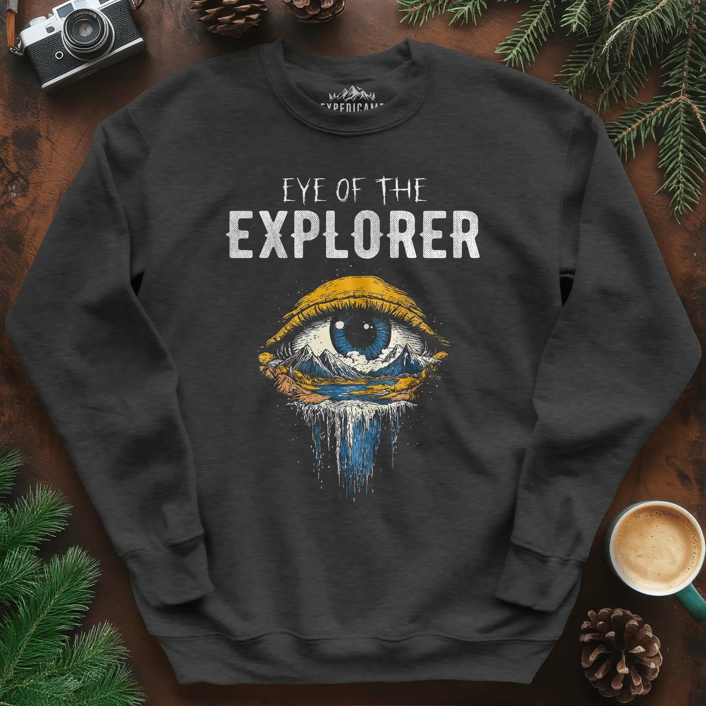 Eye of the Explorer Sweatshirt – Dark Heather – Outdoor apparel for travel, hiking, camping, and nature lovers – ExpediCamp